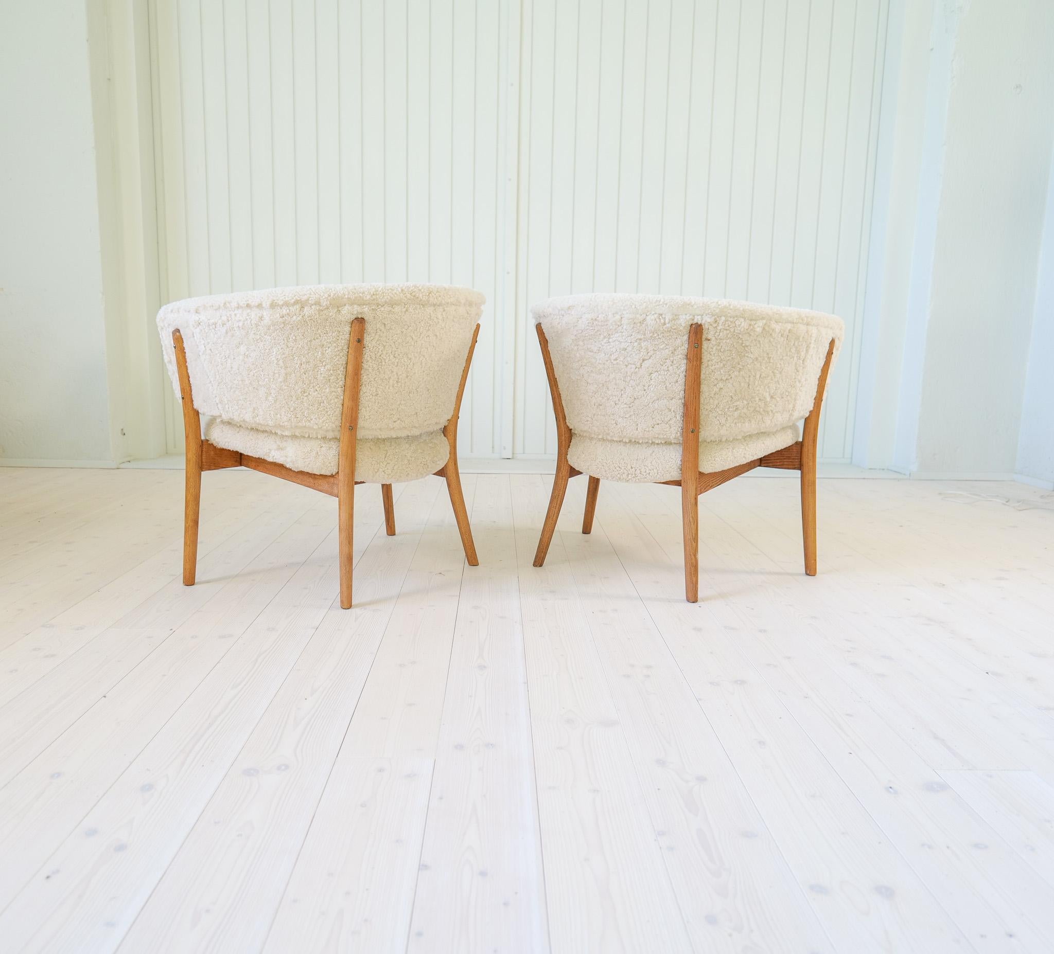 Mid-20th Century Mid-Century Lounge Chairs in Sheepskin/Shearling and Stained Wood, Sweden, 1962 For Sale