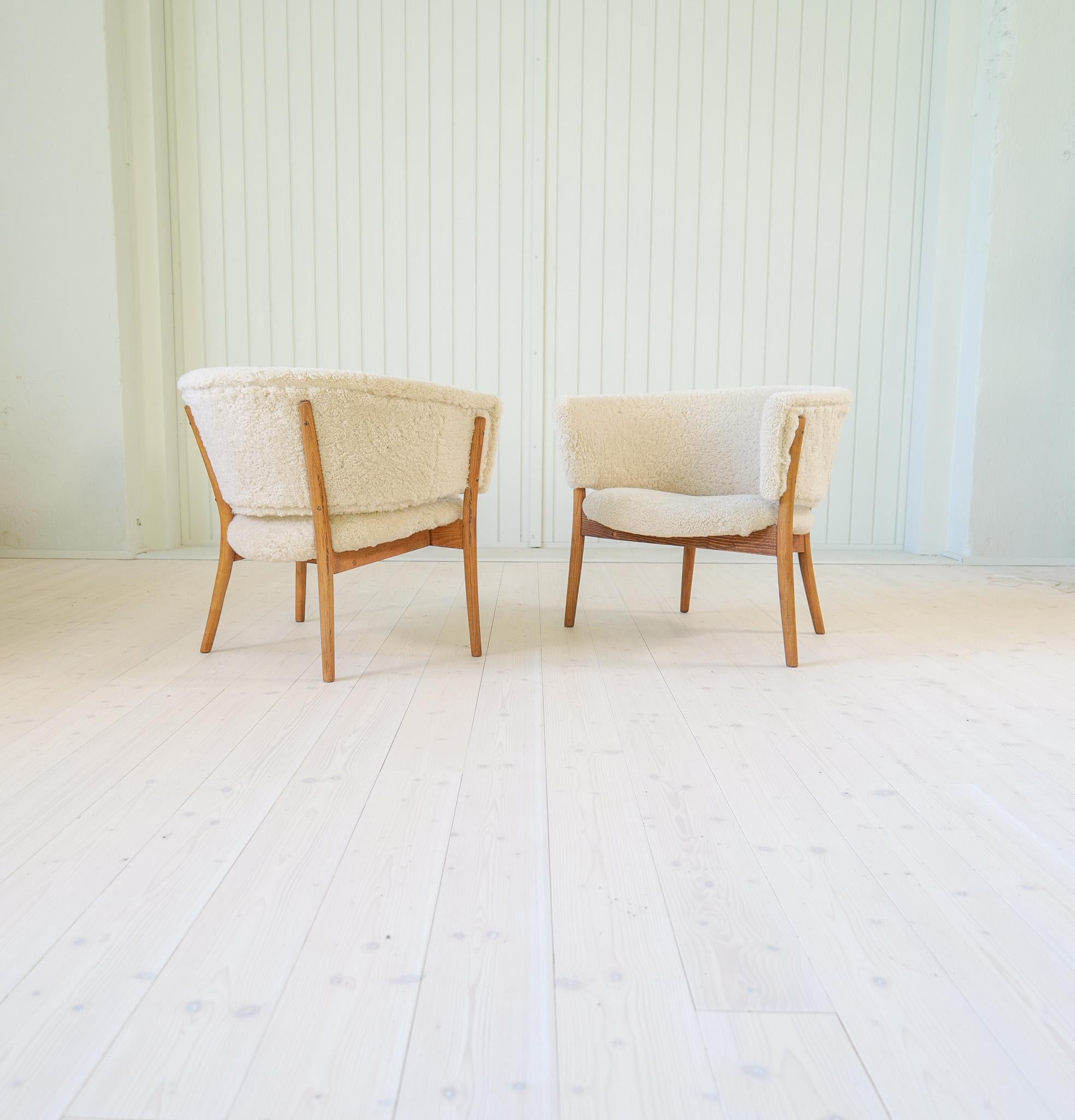 Mid-Century Lounge Chairs in Sheepskin/Shearling and Stained Wood, Sweden, 1962 For Sale 2