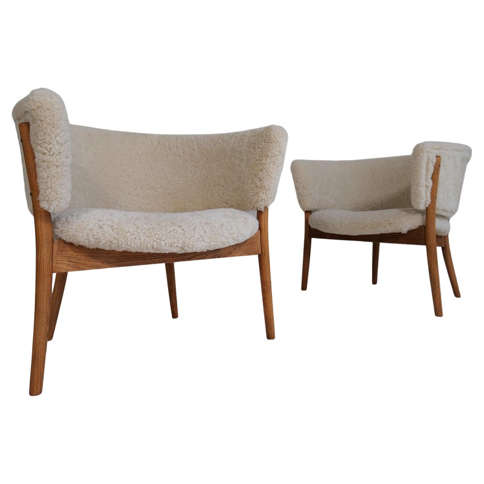 Mid-Century Lounge Charis in Sheepskin/Shearling and Stained Wood, Sweden, 1962 For Sale