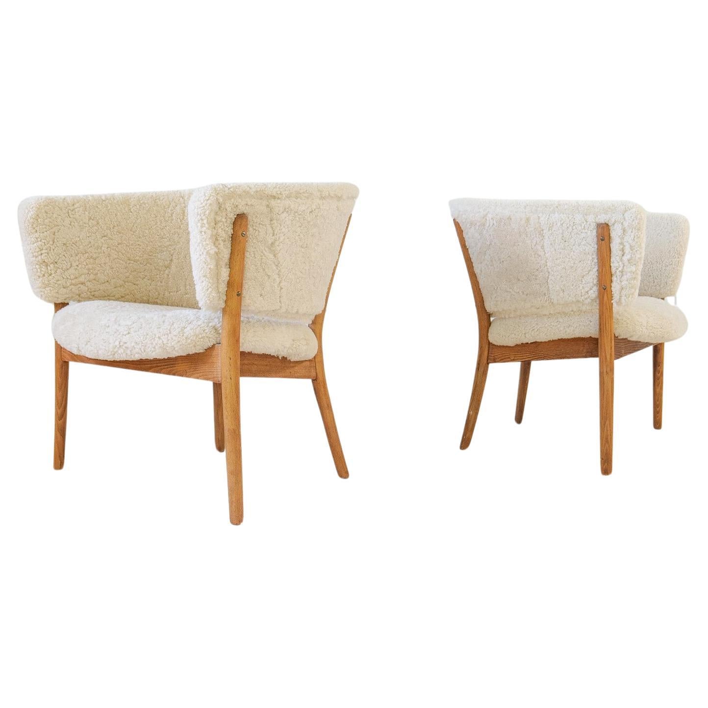 Mid-Century Lounge Chairs in Sheepskin/Shearling and Stained Wood, Sweden, 1962