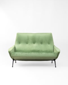 Mid Century Lounge Sofa in Re-Upholstered Green Velvet by Guy Besnard, 1960's
