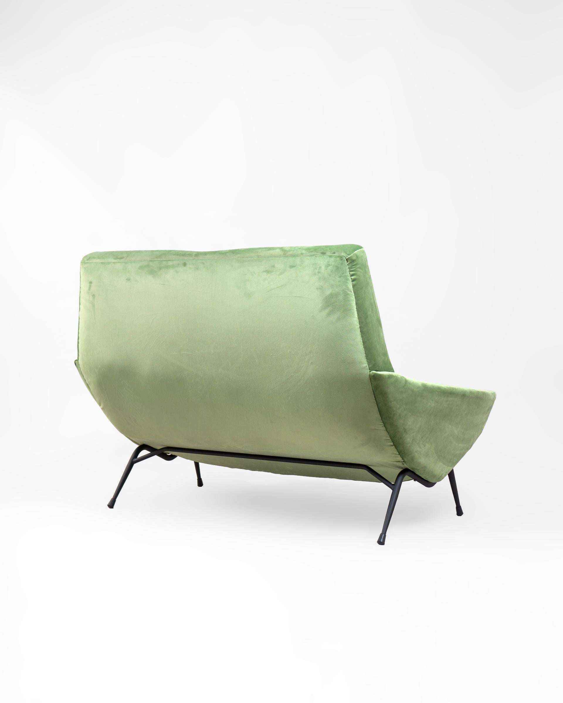 French Mid Century Lounge Sofa in Re-Upholstered Green Velvet by Guy Besnard, 1960's