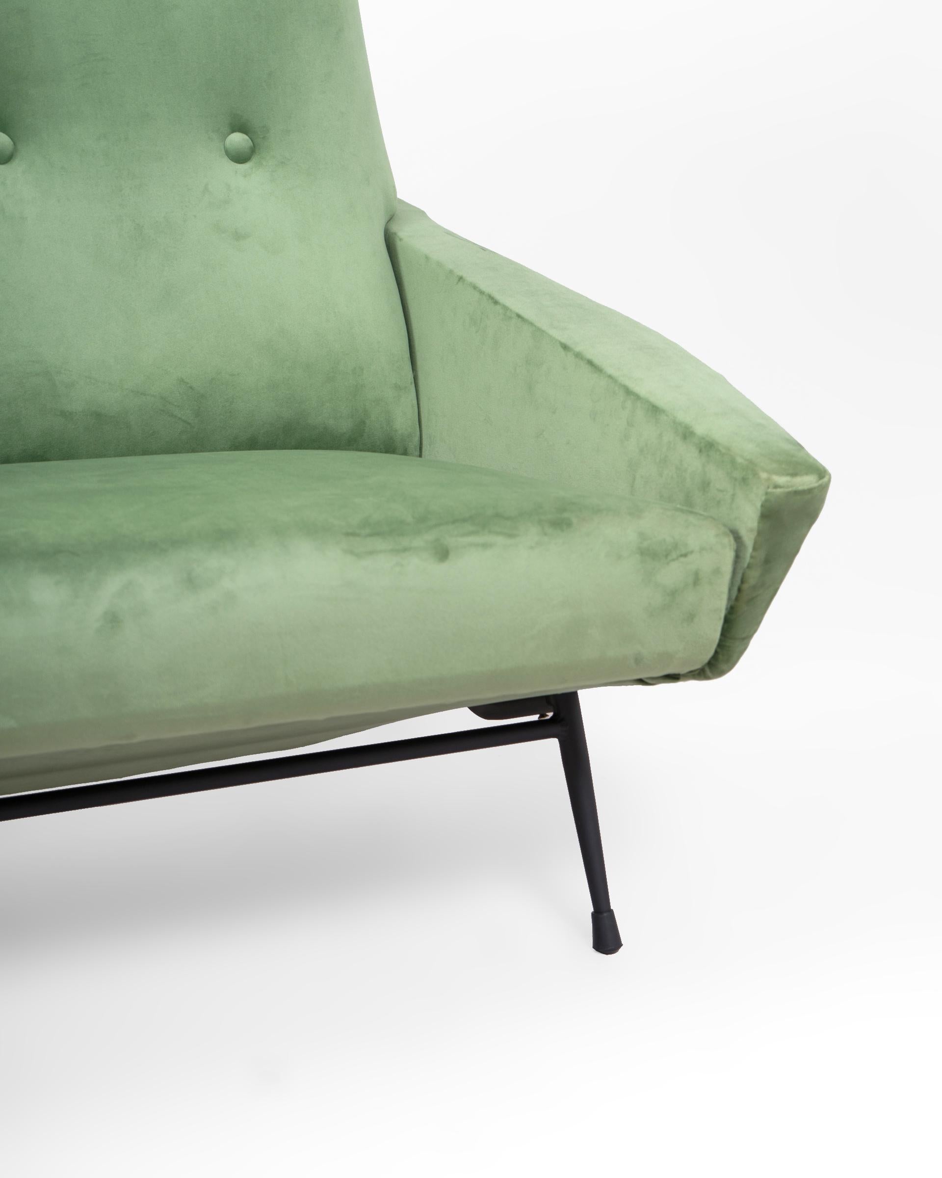Mid Century Lounge Sofa in Re-Upholstered Green Velvet by Guy Besnard, 1960's 2