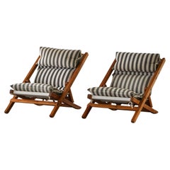 Mid Century Lounge/Sun Chairs in Pine and Striped Cotton Canvas, Denmark, 1970s