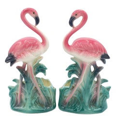 Mid-century "Lovers" Ceramic Pink Flamingo Flower Table Planter Set, California