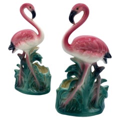 Mid-century "Lovers" Ceramic Pink Flamingo Flower Table Planter Set, California