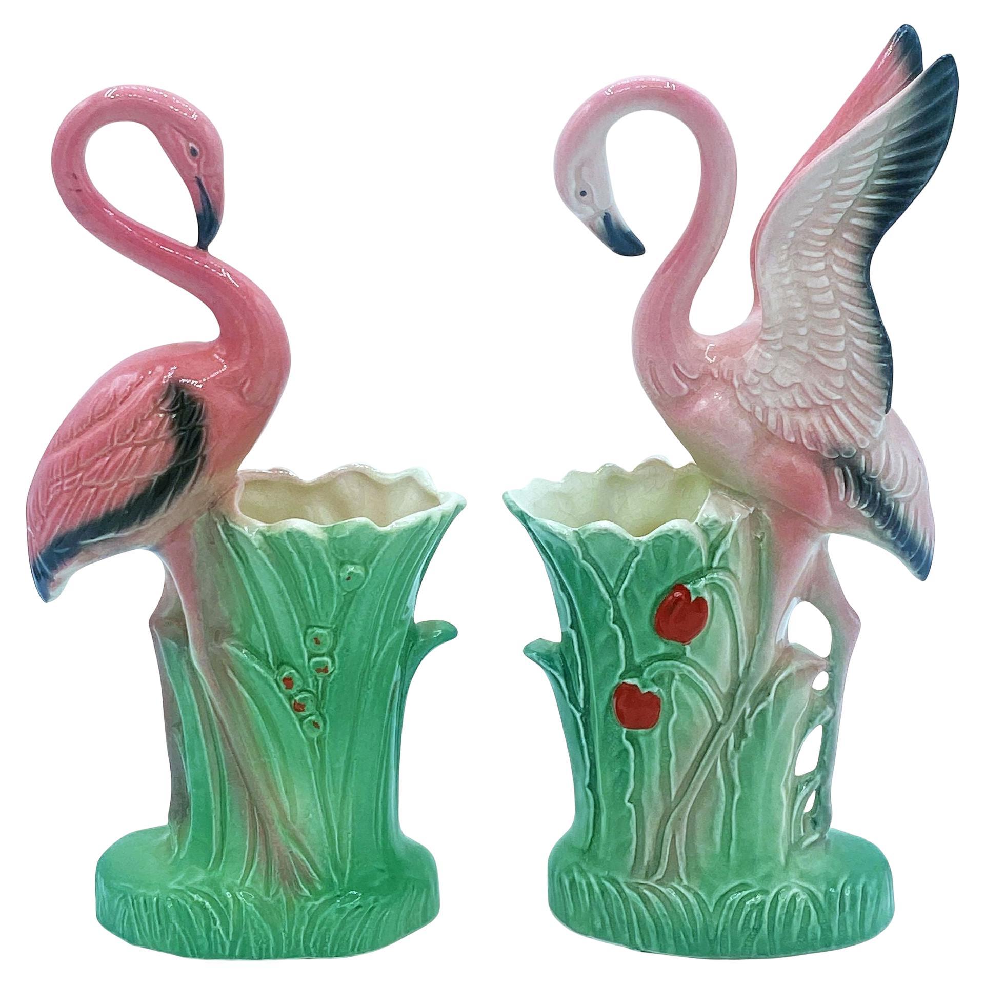 Mid-century "Lovers" Pink Flamingo Ceramic Tabletop Vase Set By Leftons For Sale