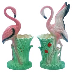 Mid-century "Lovers" Pink Flamingo Ceramic Tabletop Vase Set By Leftons