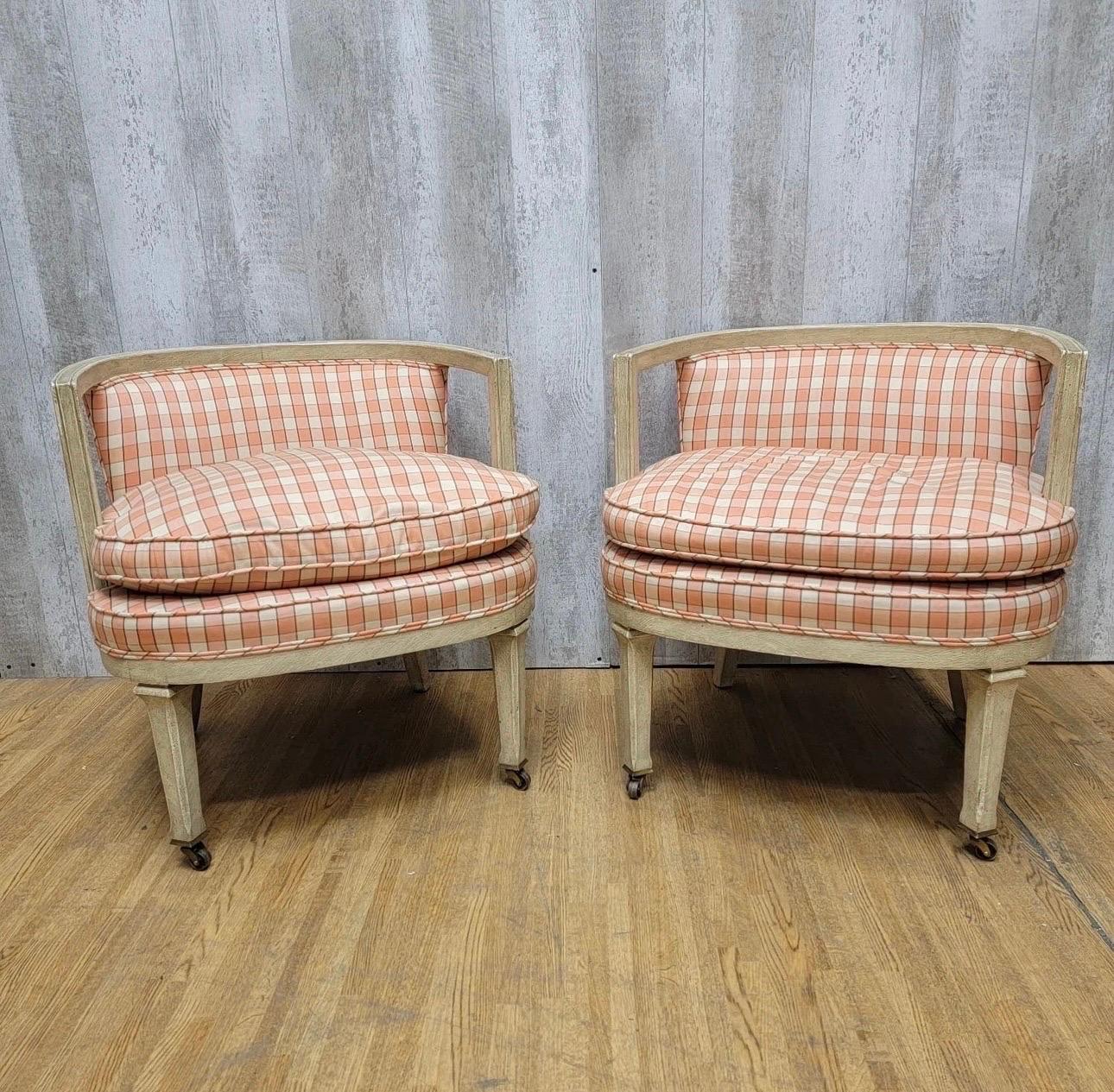 Mid Century Low Back Wood Frame Tub/Club Chairs With For Upholstery - Pair

Vintage mid century pair of club/tub chairs have wood frames with open arm detail and rounded, tub/barrell-form low backrests. 

These chairs are being being sold in its