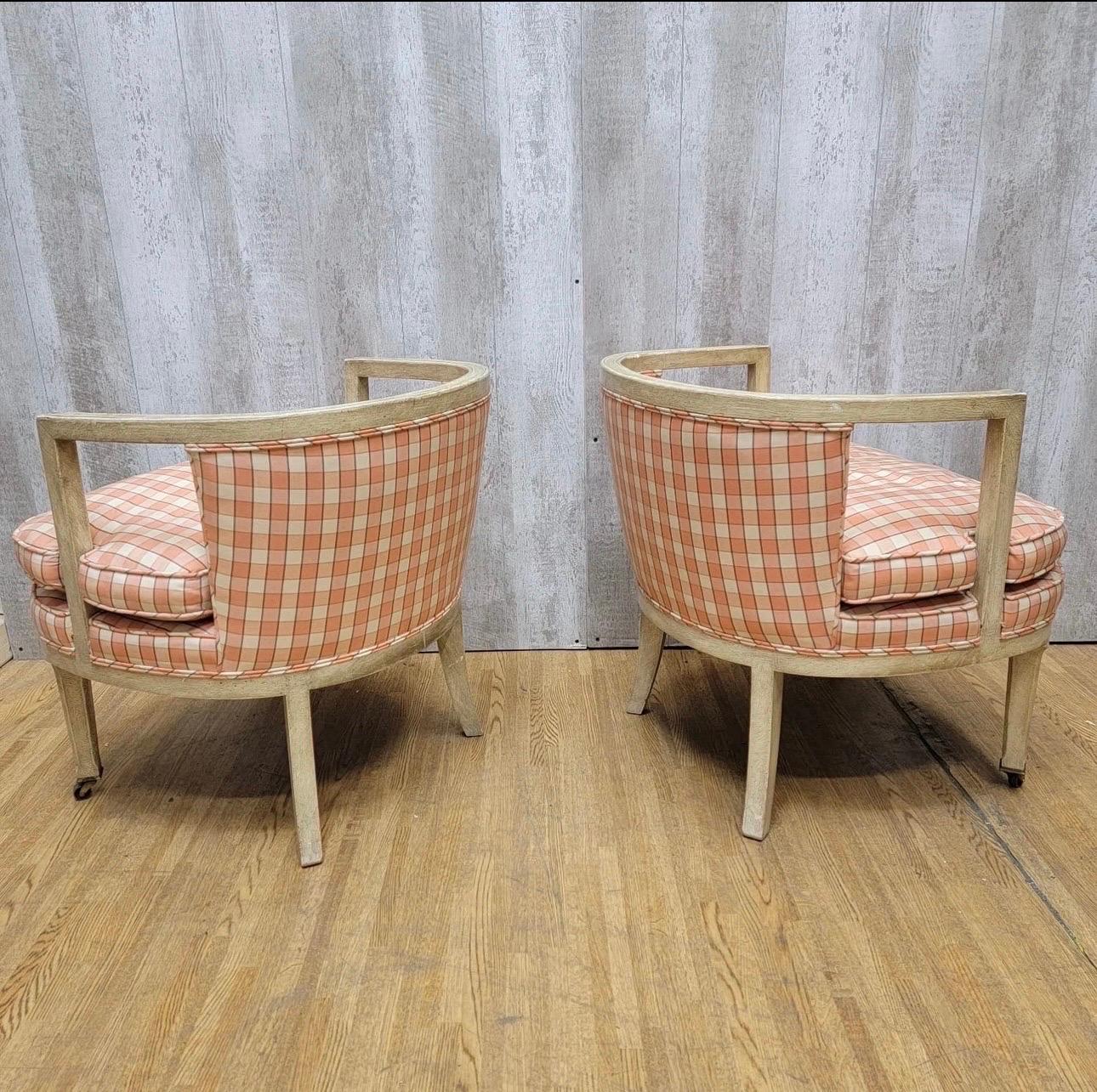 Fabric Mid Century Low Back Wood Frame Tub / Club Chairs - Pair For Sale