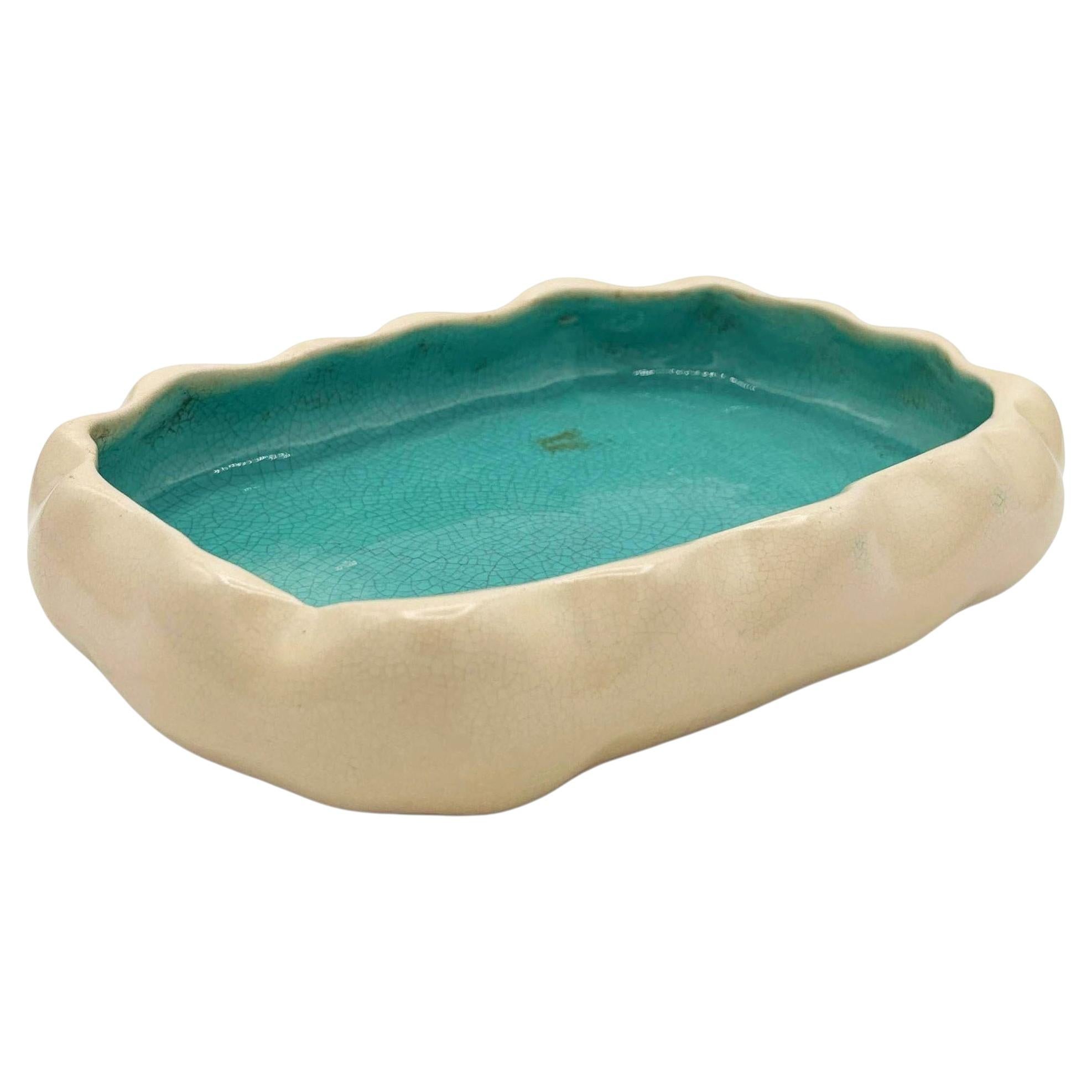 Mid-century Low Edged Aqua Colored Pond Themed Pottery Candy Dish