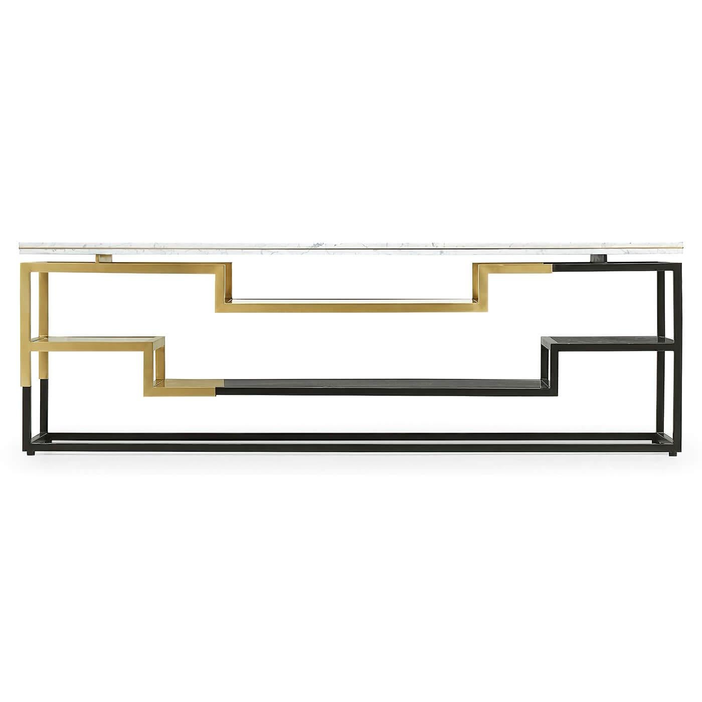 A Mid-Century Modern style marble and brass long console table. The frame is fabricated from brass with contrasting sleeves. The top features Calacatta marble from northern Tuscany with a supported glass lower shelf.

Dimensions: 80