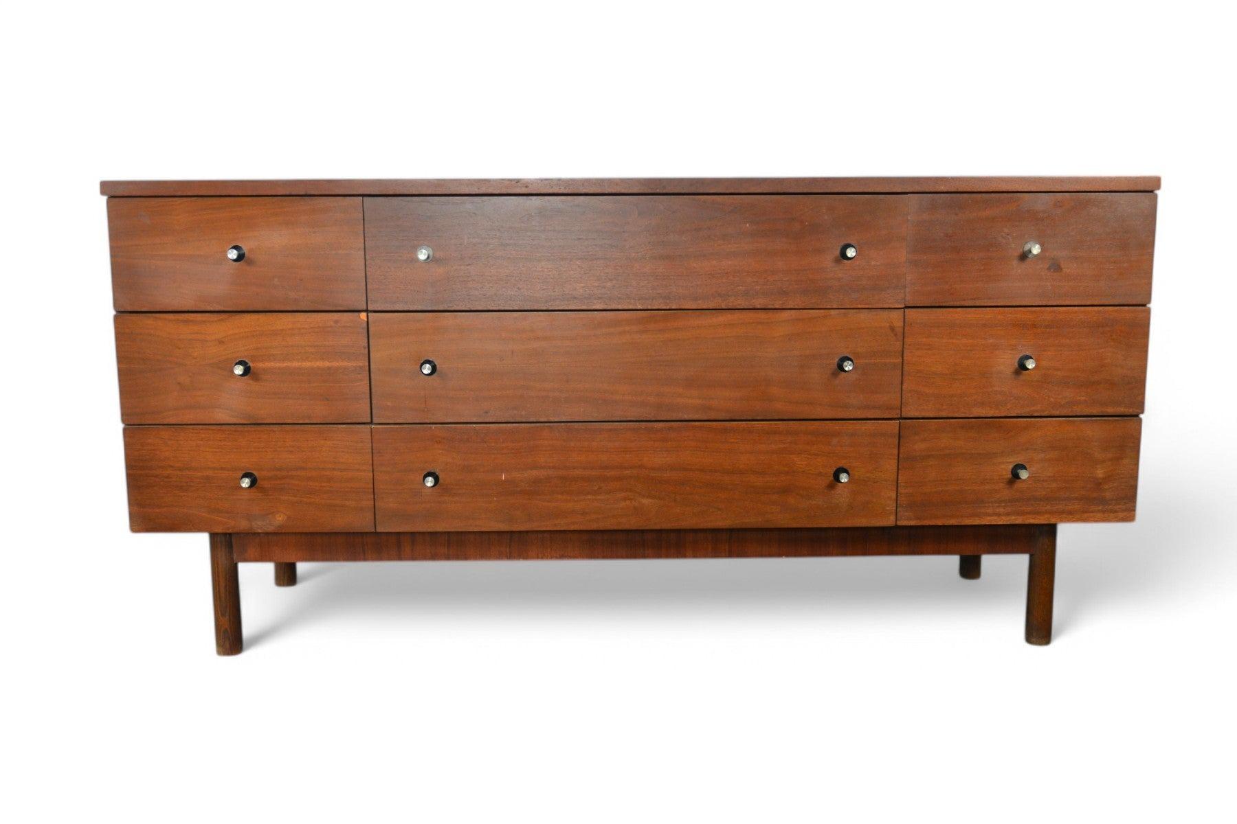 20th Century Mid Century Low Nine Drawer in Walnut by Stanley #1 For Sale