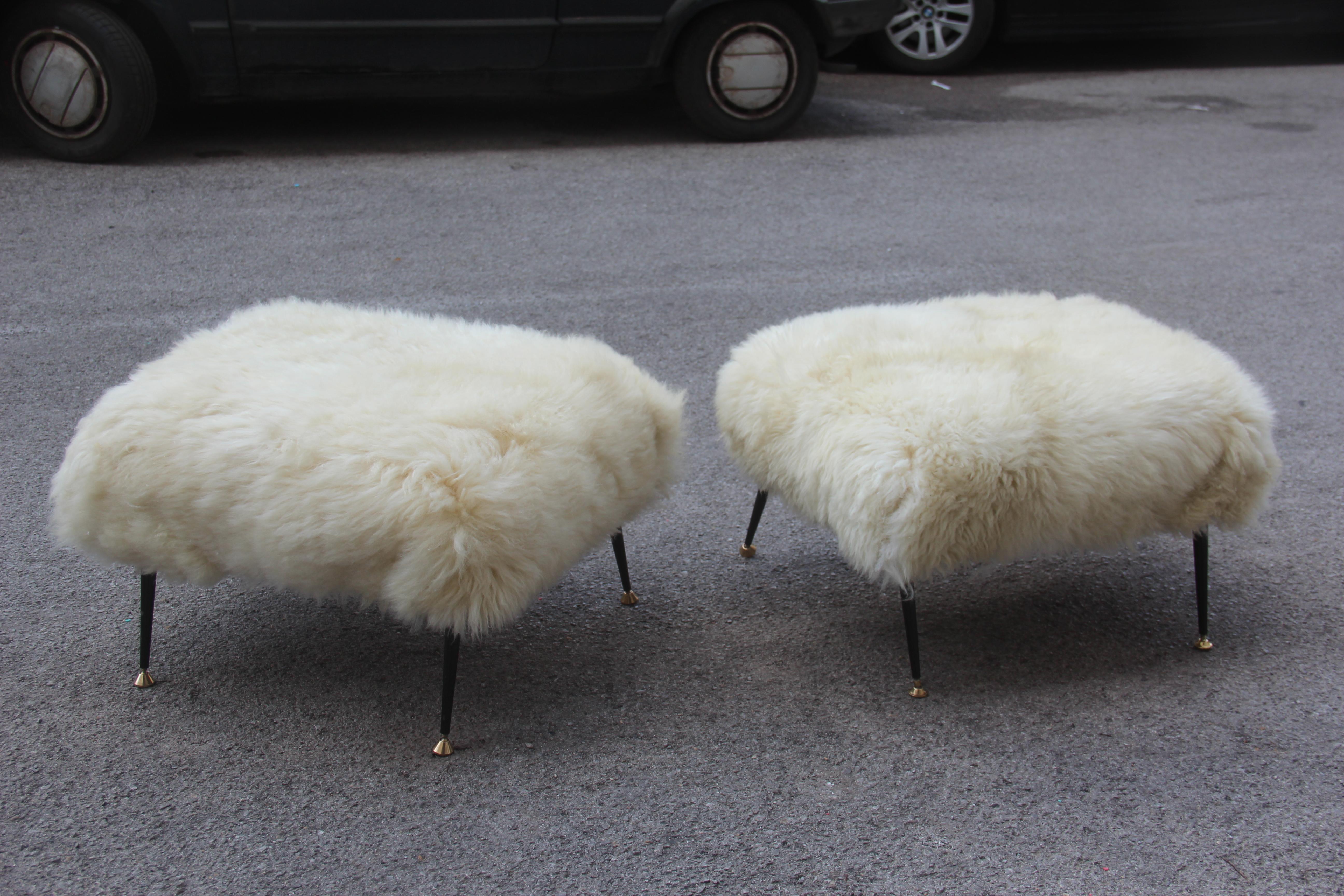Mid-Century Low stools in Black Metal White Brass Sheepskin Italian Design .
Stools made with original sheepskin, particular design and very elegant, 
suitable for a very chic and great design home.
