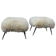 Mid-Century Low stools in Black Metal White Brass Sheepskin Italian Design 