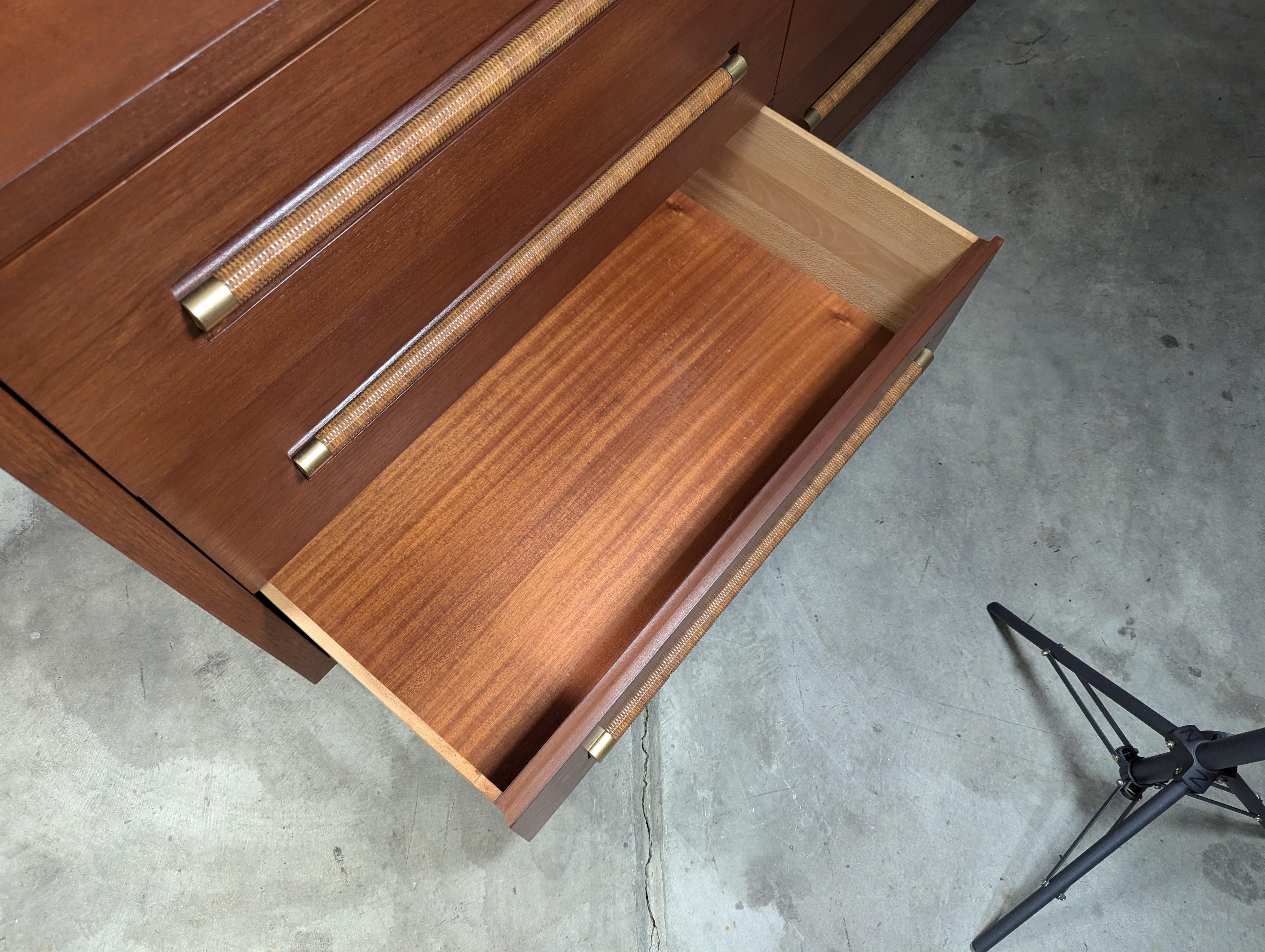 Mid Century Lowboy Dresser with Wicker and Brass Handles by Morganton, c1960s 3