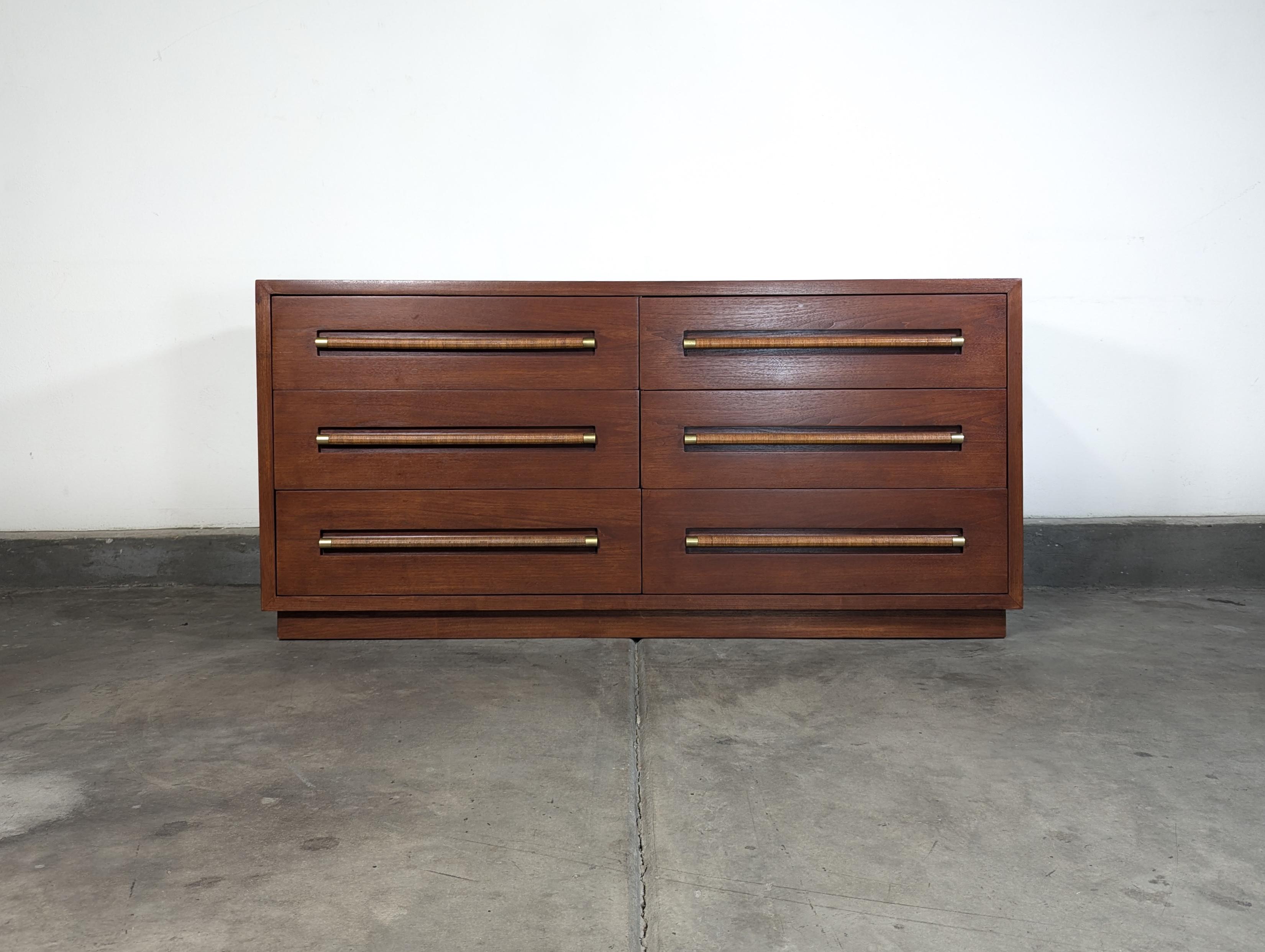 Mid Century Lowboy Dresser with Wicker and Brass Handles by Morganton, c1960s 4