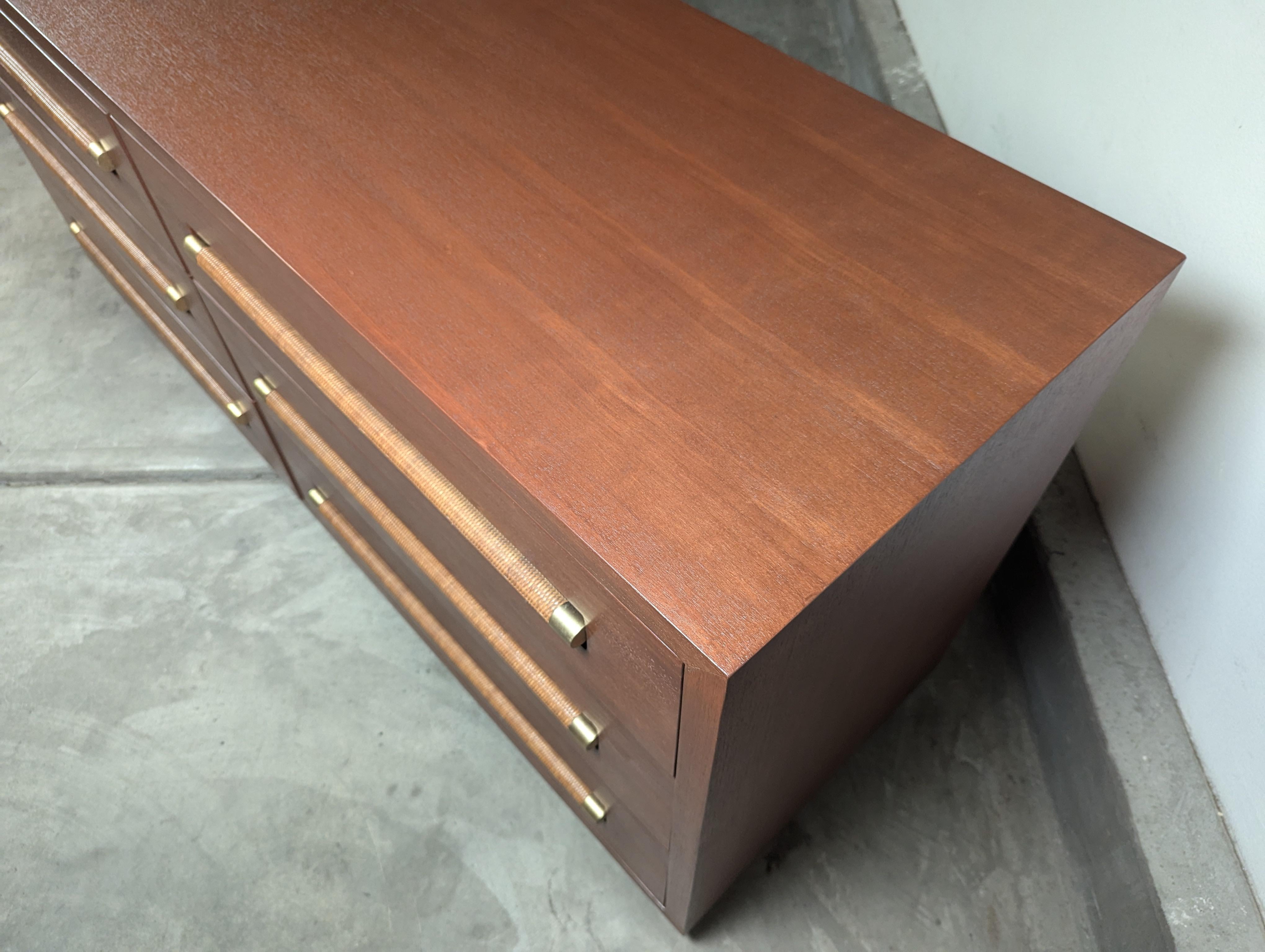 Mid Century Lowboy Dresser with Wicker and Brass Handles by Morganton, c1960s 5