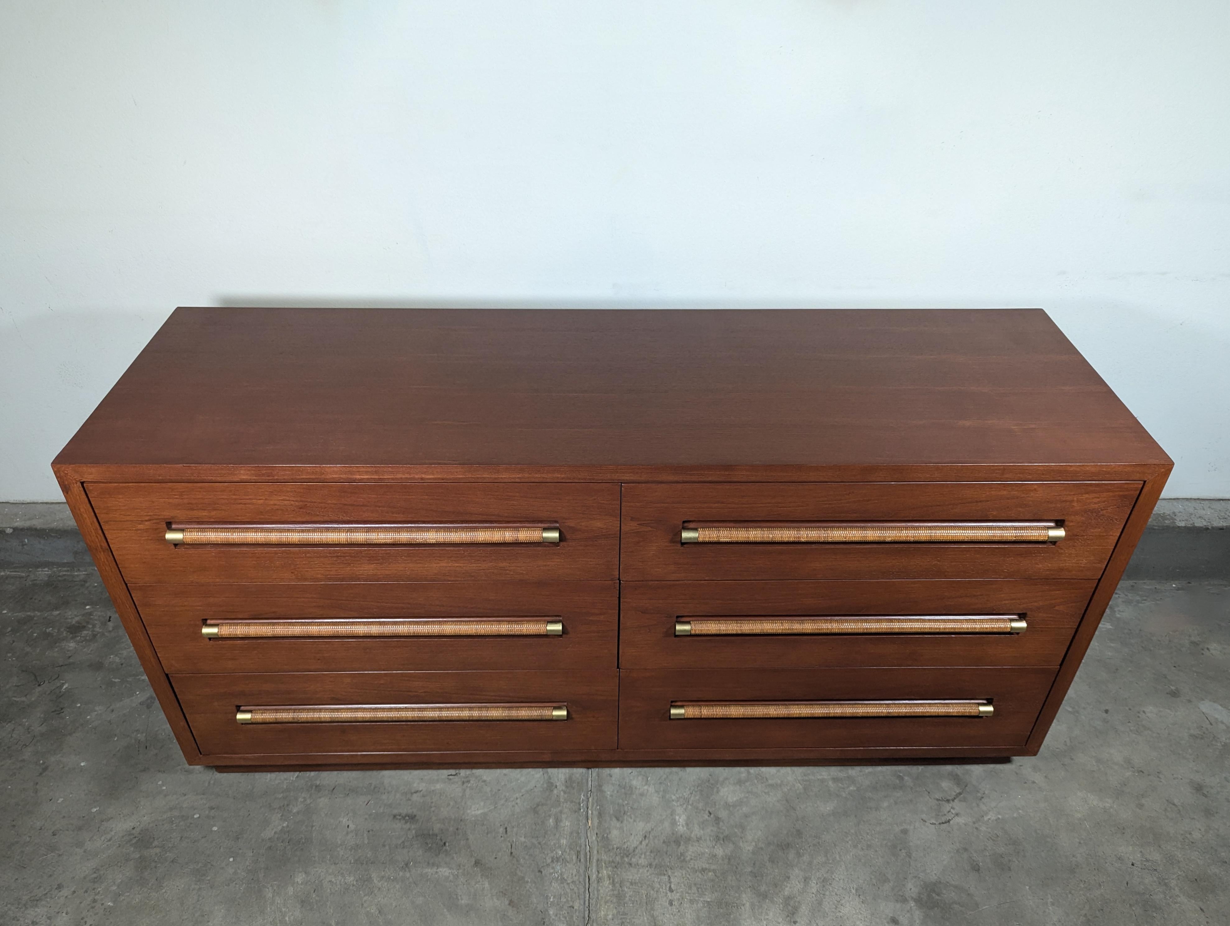 Mid Century Lowboy Dresser with Wicker and Brass Handles by Morganton, c1960s 7
