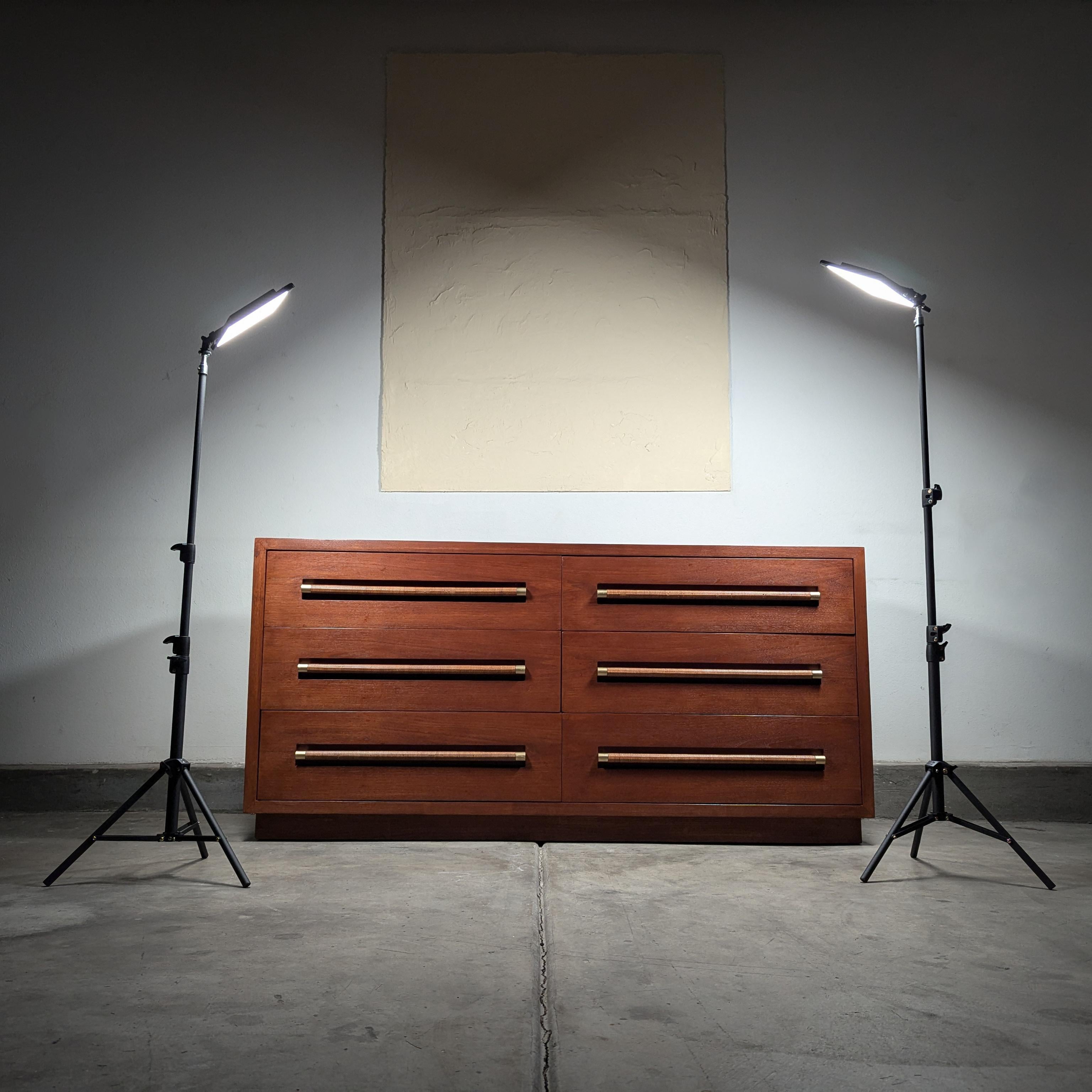 Mid Century Lowboy Dresser with Wicker and Brass Handles by Morganton, c1960s 8