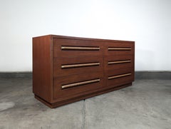 Mid Century Lowboy Dresser with Wicker and Brass Handles by Morganton, c1960s