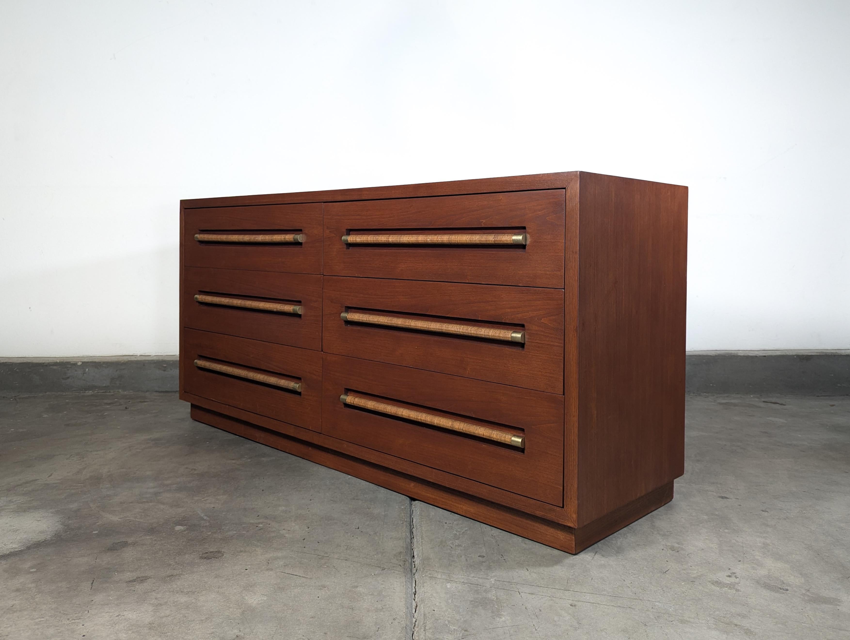 Mid-Century Modern Mid Century Lowboy Dresser with Wicker and Brass Handles by Morganton, c1960s