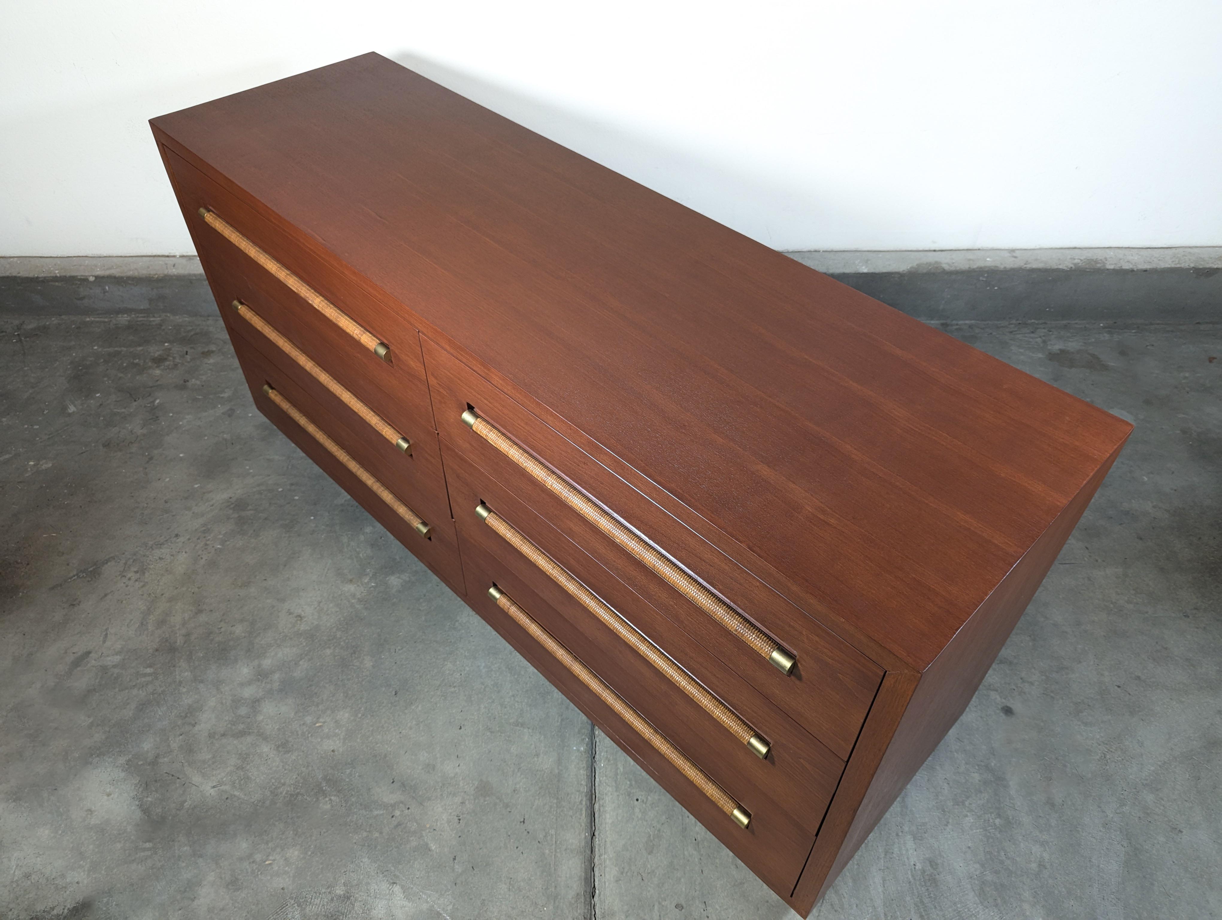 American Mid Century Lowboy Dresser with Wicker and Brass Handles by Morganton, c1960s