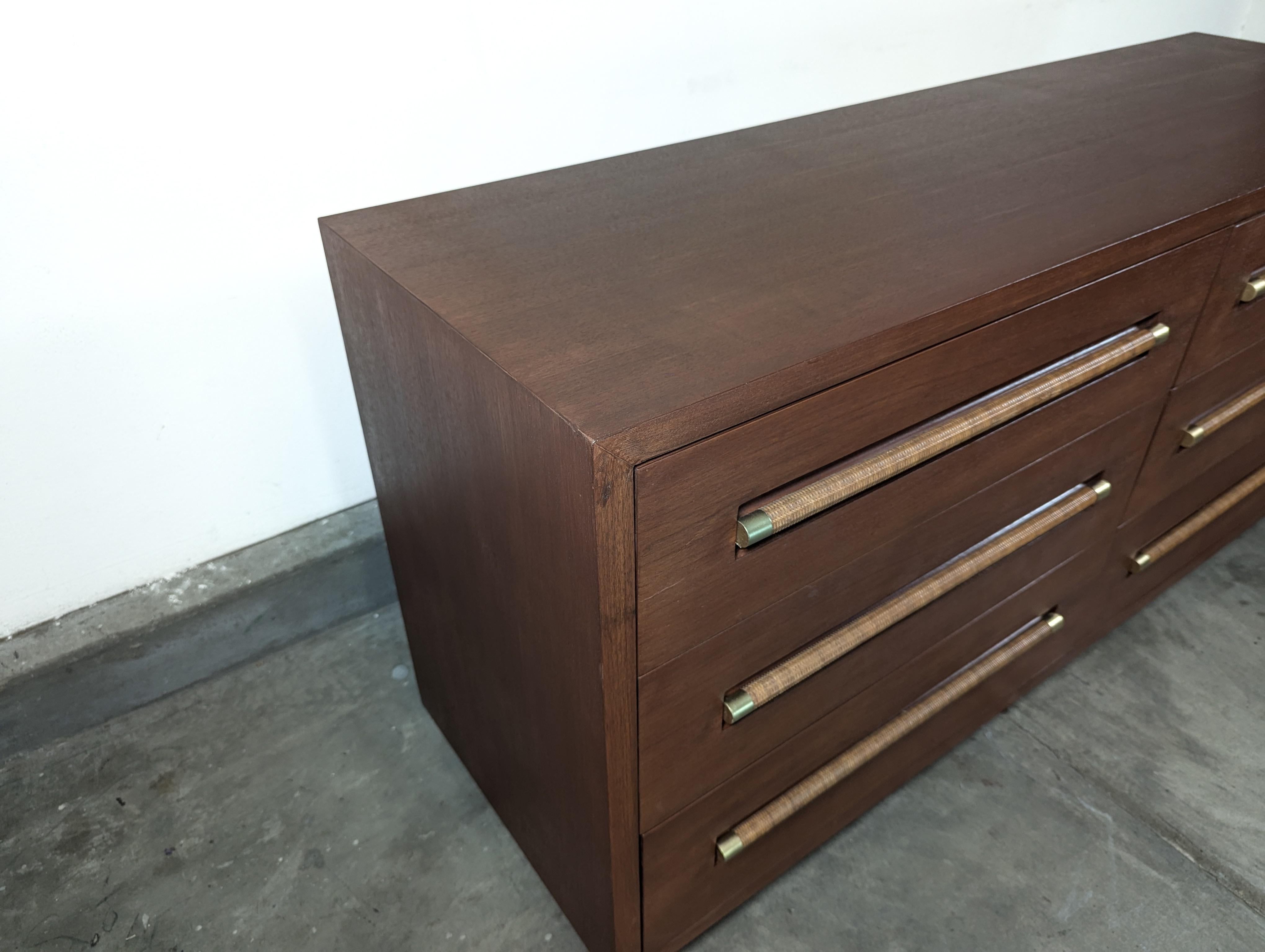 Mid Century Lowboy Dresser with Wicker and Brass Handles by Morganton, c1960s In Excellent Condition In Chino Hills, CA
