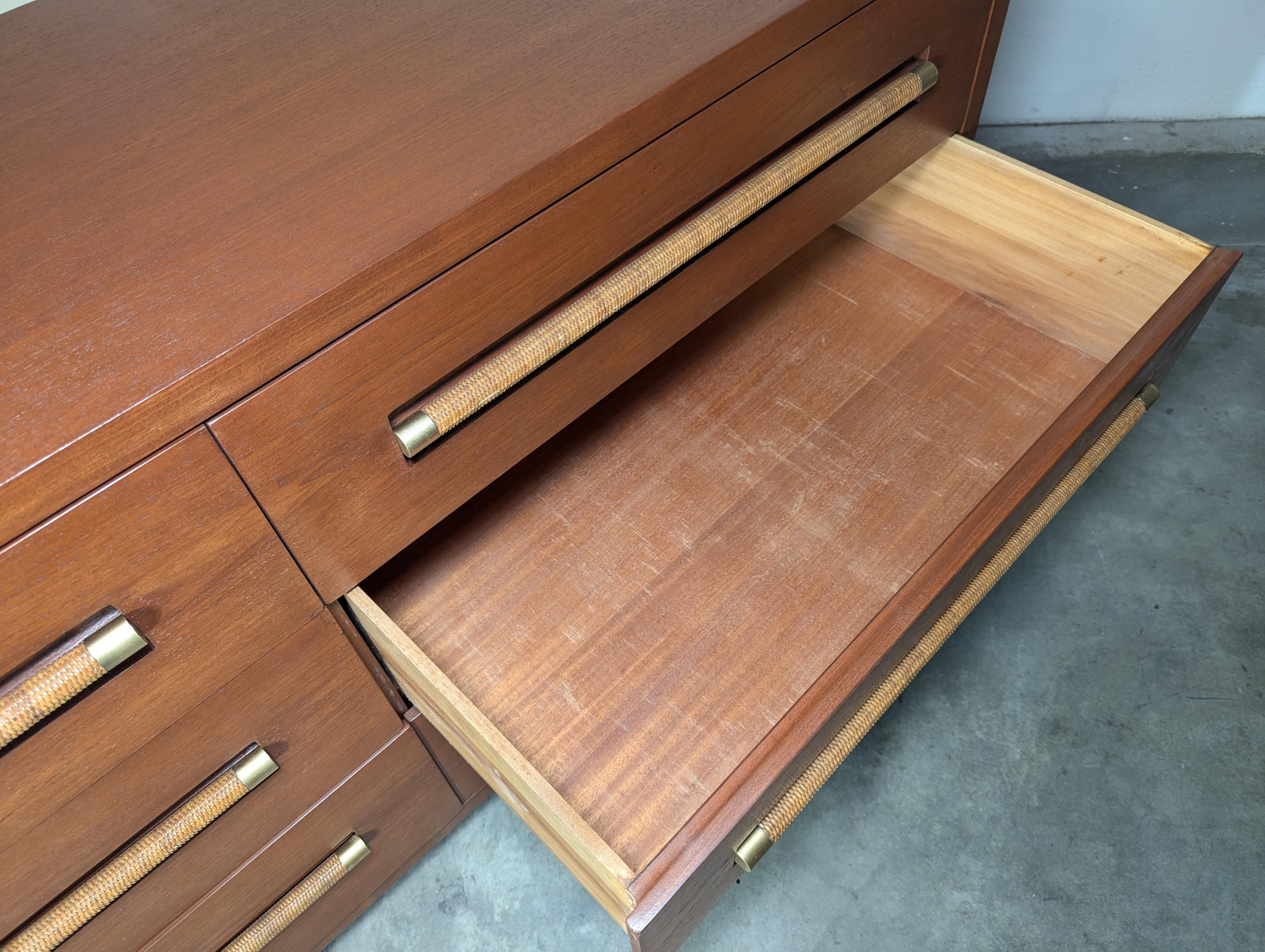 Mahogany Mid Century Lowboy Dresser with Wicker and Brass Handles by Morganton, c1960s