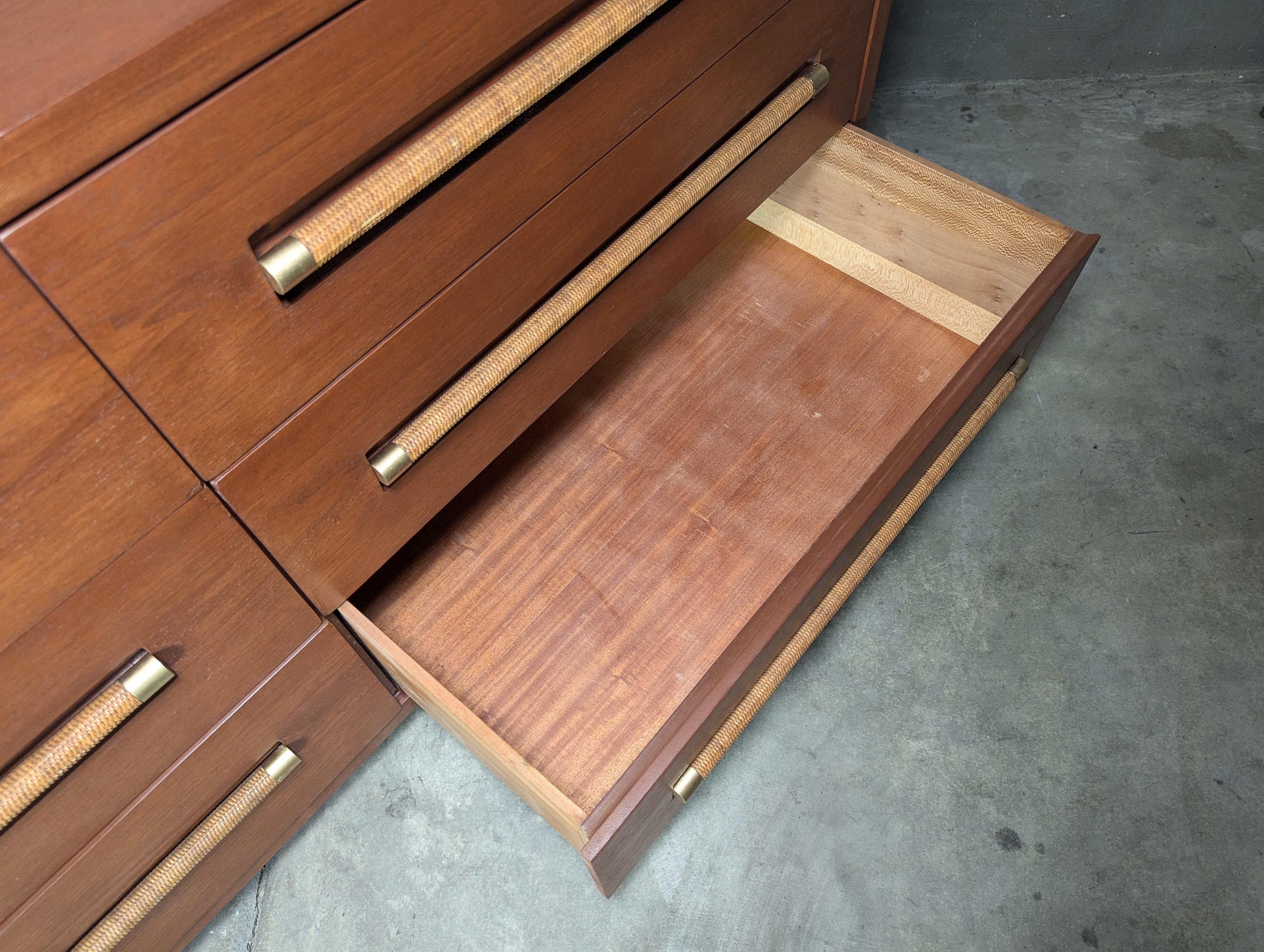 Mid Century Lowboy Dresser with Wicker and Brass Handles by Morganton, c1960s 1