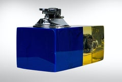 Midcentury Lucite Acrylic Obsidian Volcanic Glass Encased Table Desk Lighter