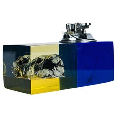Midcentury Lucite Acrylic Obsidian Volcanic Glass Encased Table Desk Lighter