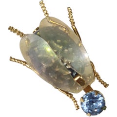 Mid-Century Lucite and Blue Rhinestone Gold-Tone Beetle Brooch, 1950s