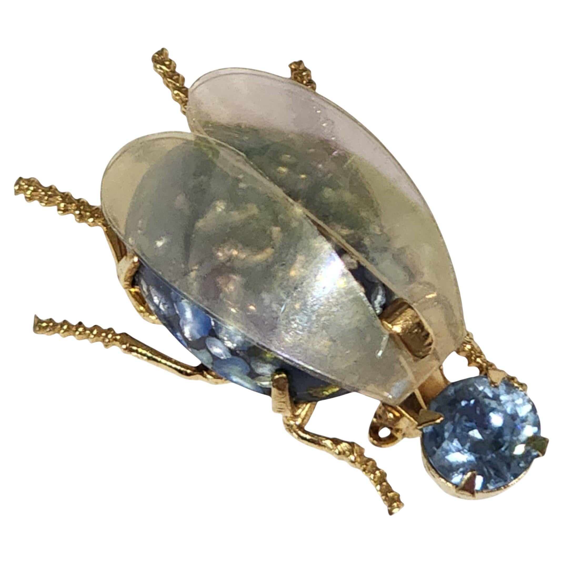 Mid-Century Lucite and Blue Rhinestone Gold-Tone Beetle Brooch, 1950s