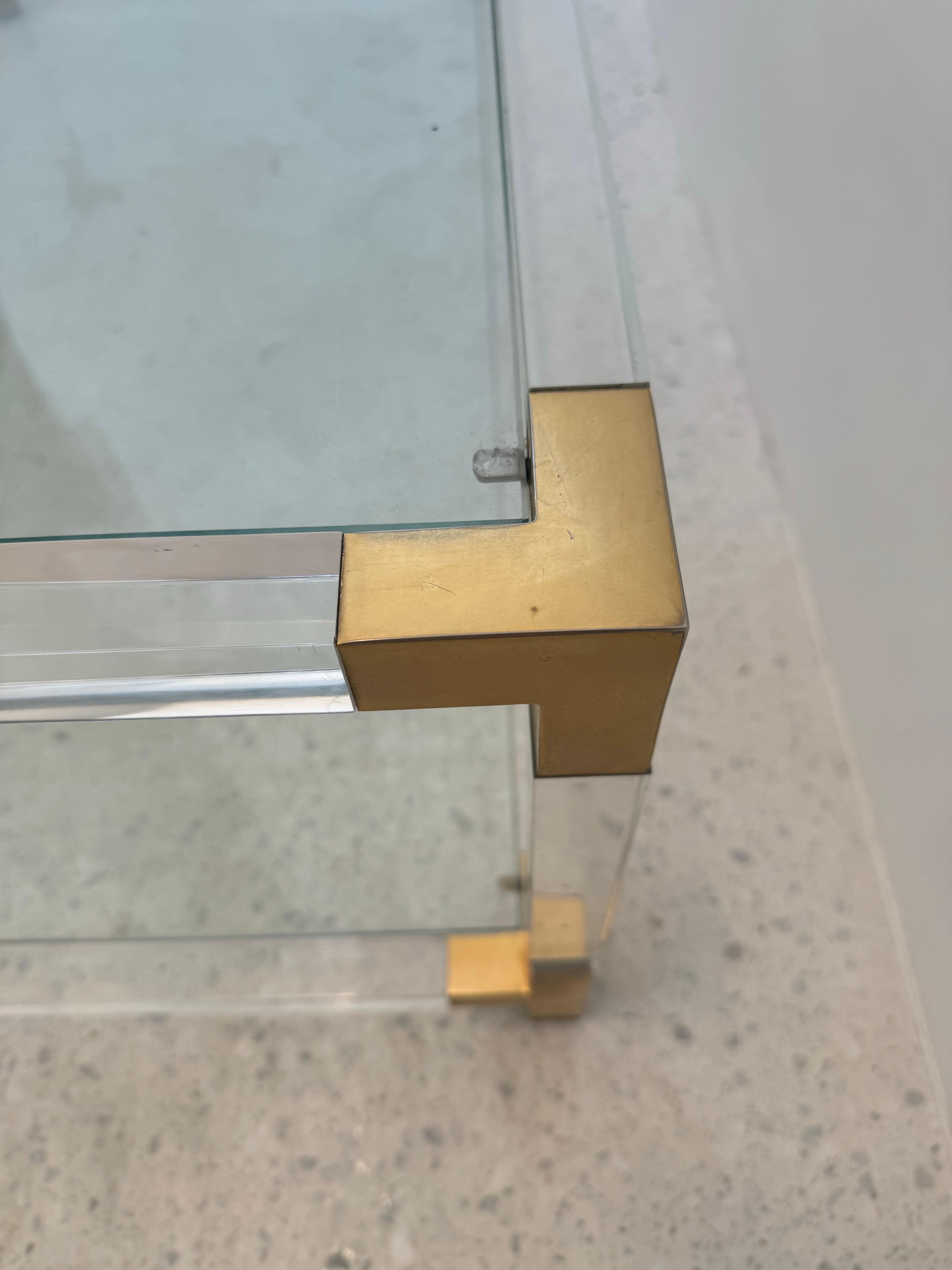 Mid-Century Lucite and Brass Coffee Table with Double Glass Shelves, 1970s For Sale 6