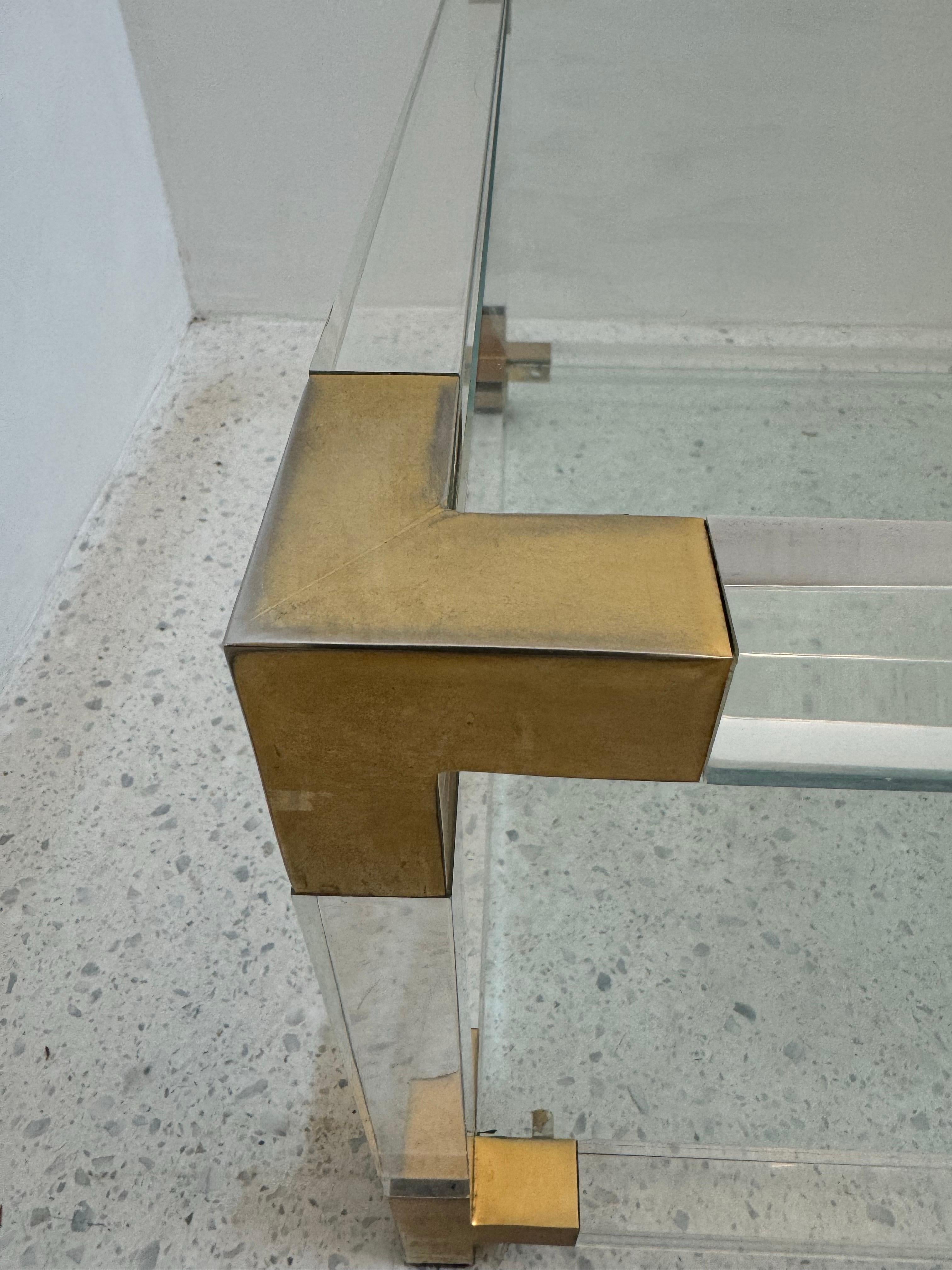Mid-Century Lucite and Brass Coffee Table with Double Glass Shelves, 1970s For Sale 7