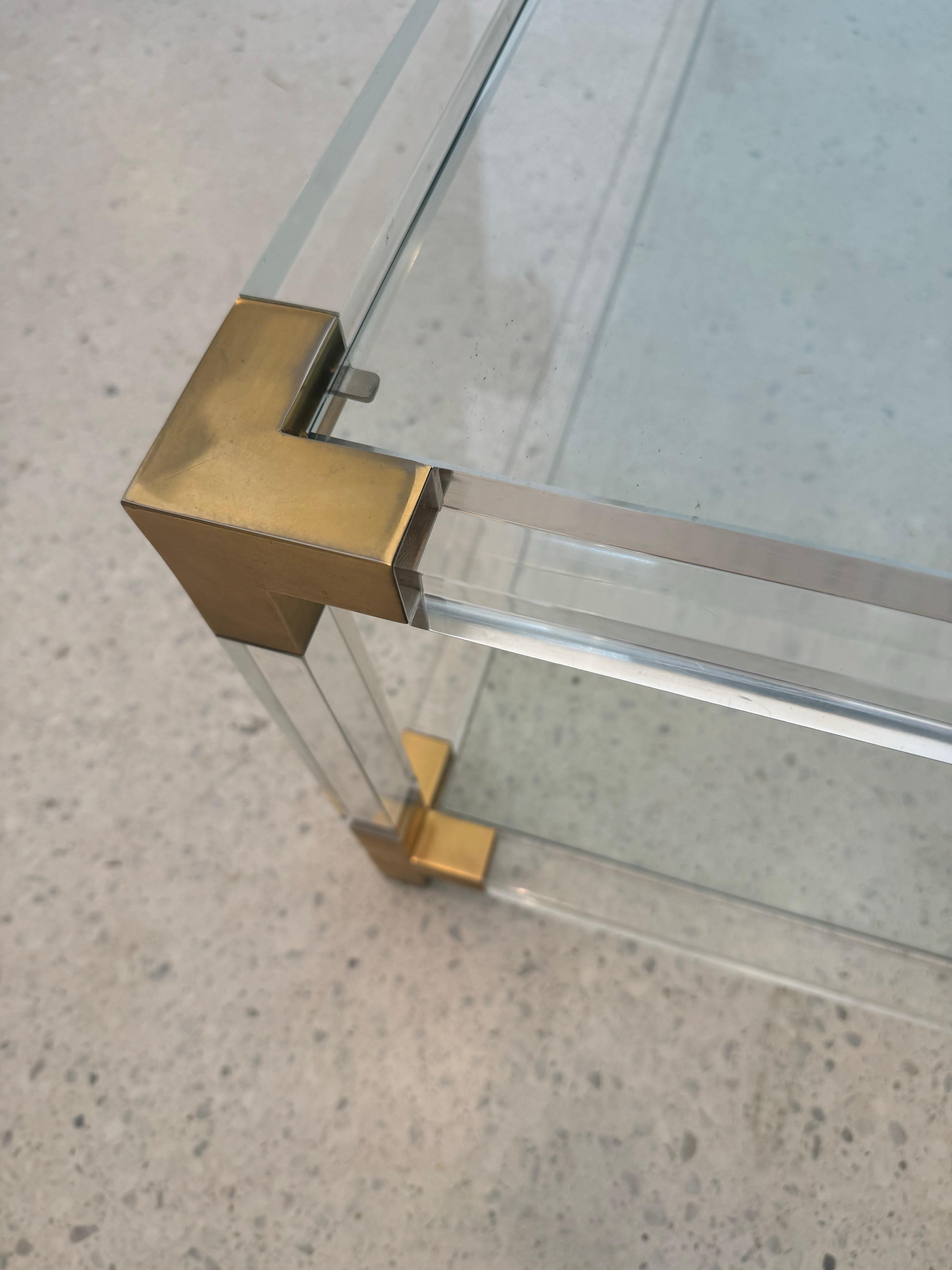 Mid-Century Lucite and Brass Coffee Table with Double Glass Shelves, 1970s For Sale 8