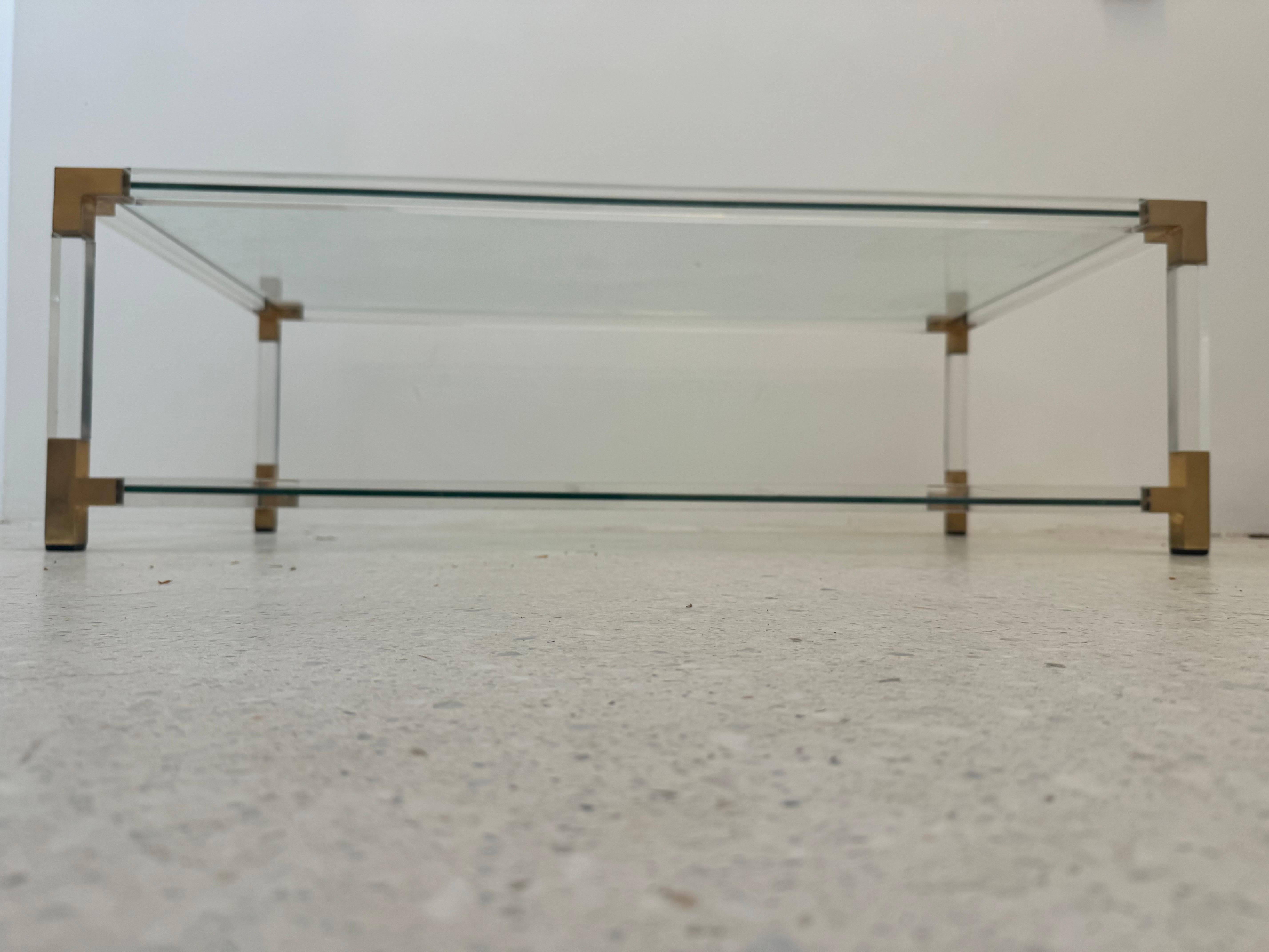Mid-Century Lucite and Brass Coffee Table with Double Glass Shelves, 1970s For Sale 2