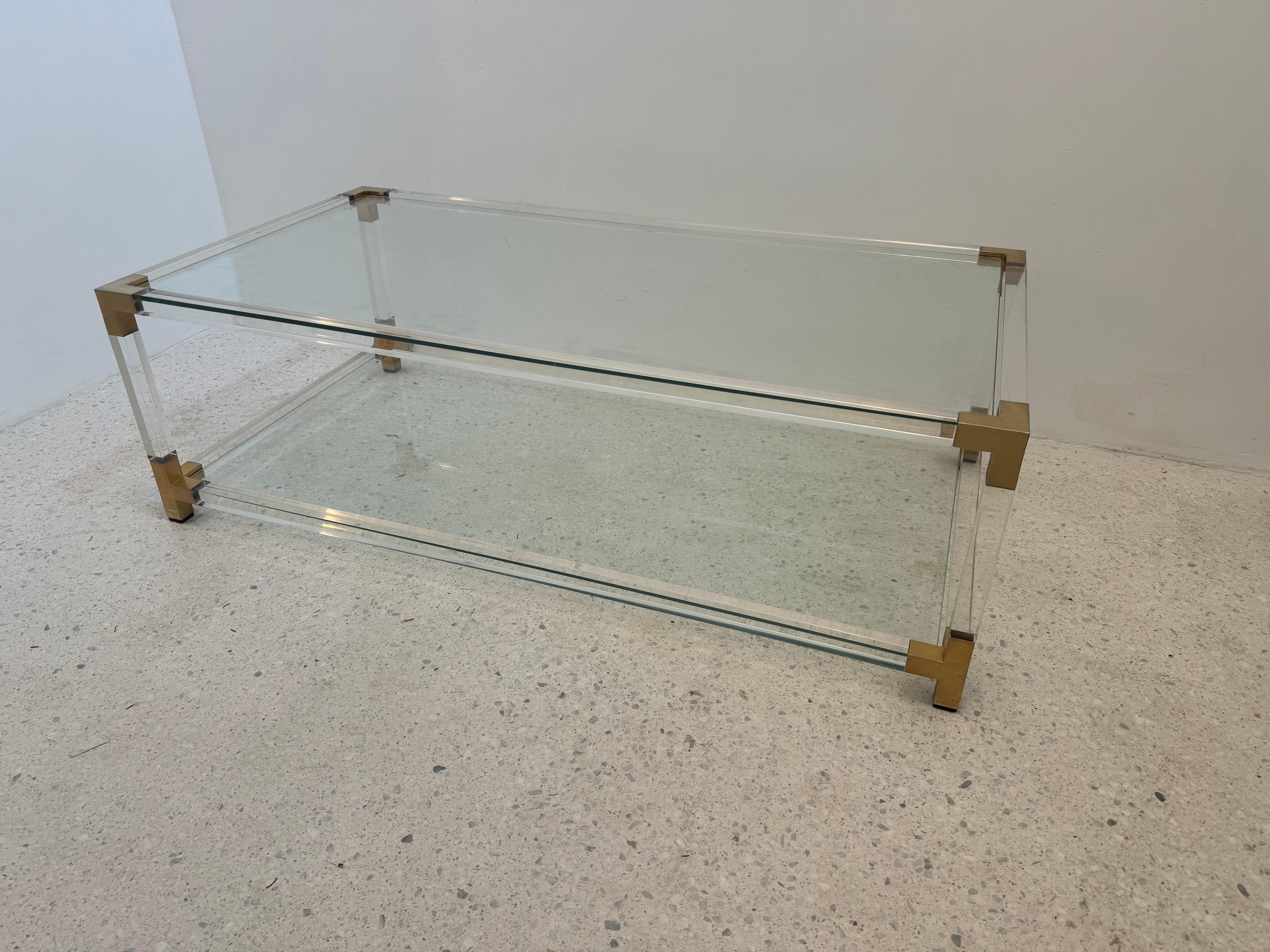 Mid-Century Lucite and Brass Coffee Table with Double Glass Shelves, 1970s For Sale 3