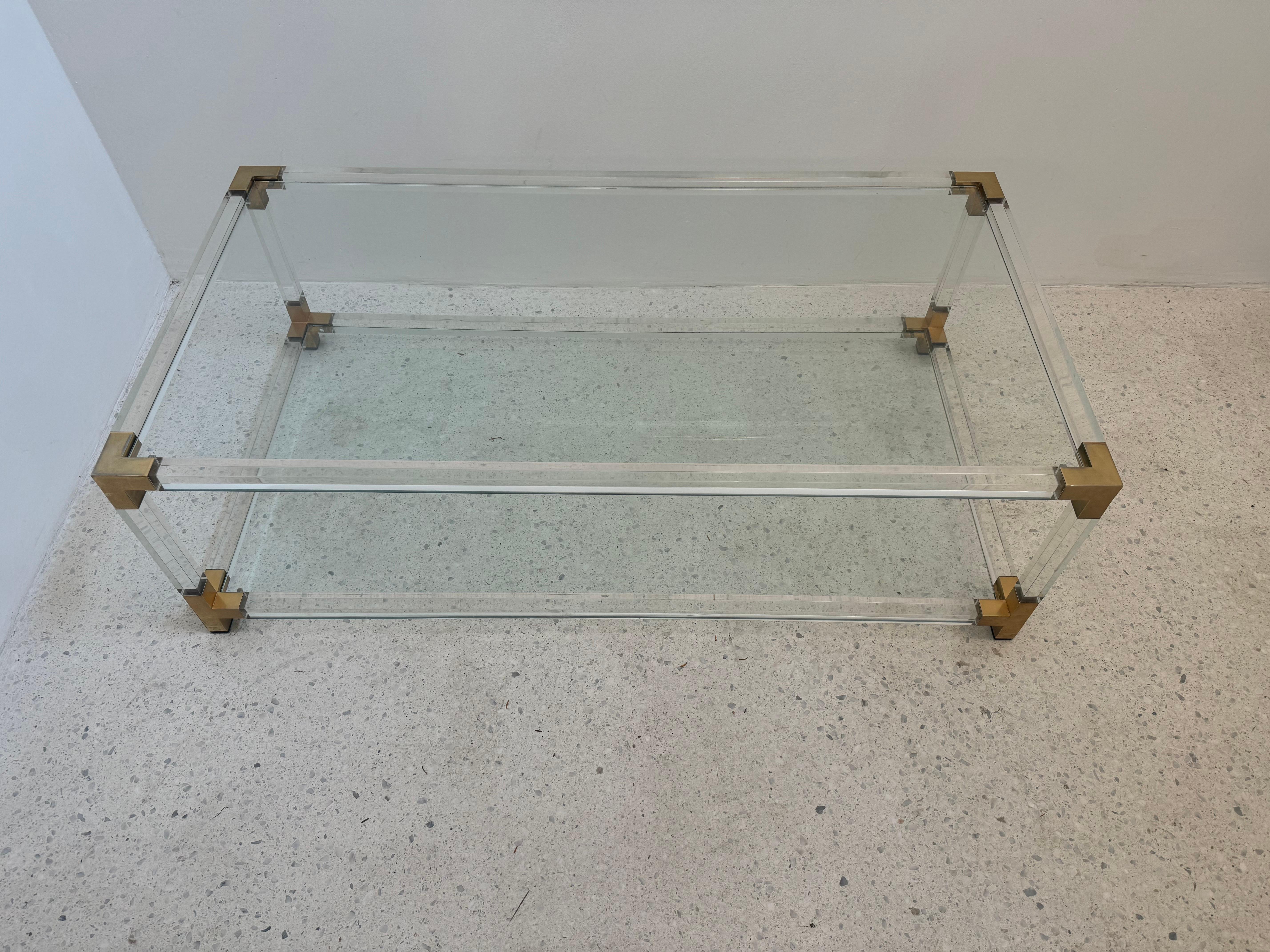 Mid-Century Lucite and Brass Coffee Table with Double Glass Shelves, 1970s For Sale 4