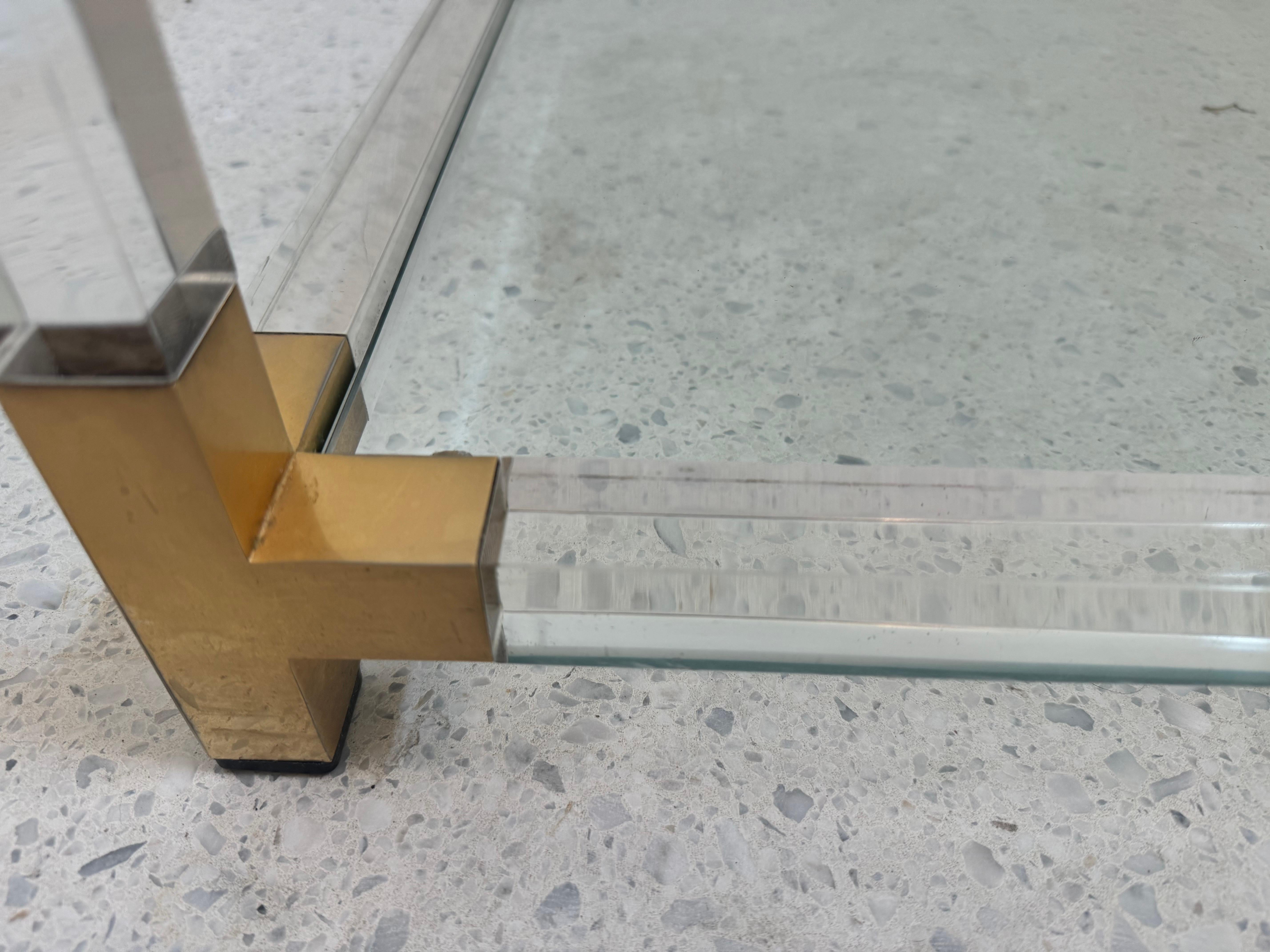 Mid-Century Lucite and Brass Coffee Table with Double Glass Shelves, 1970s For Sale 5