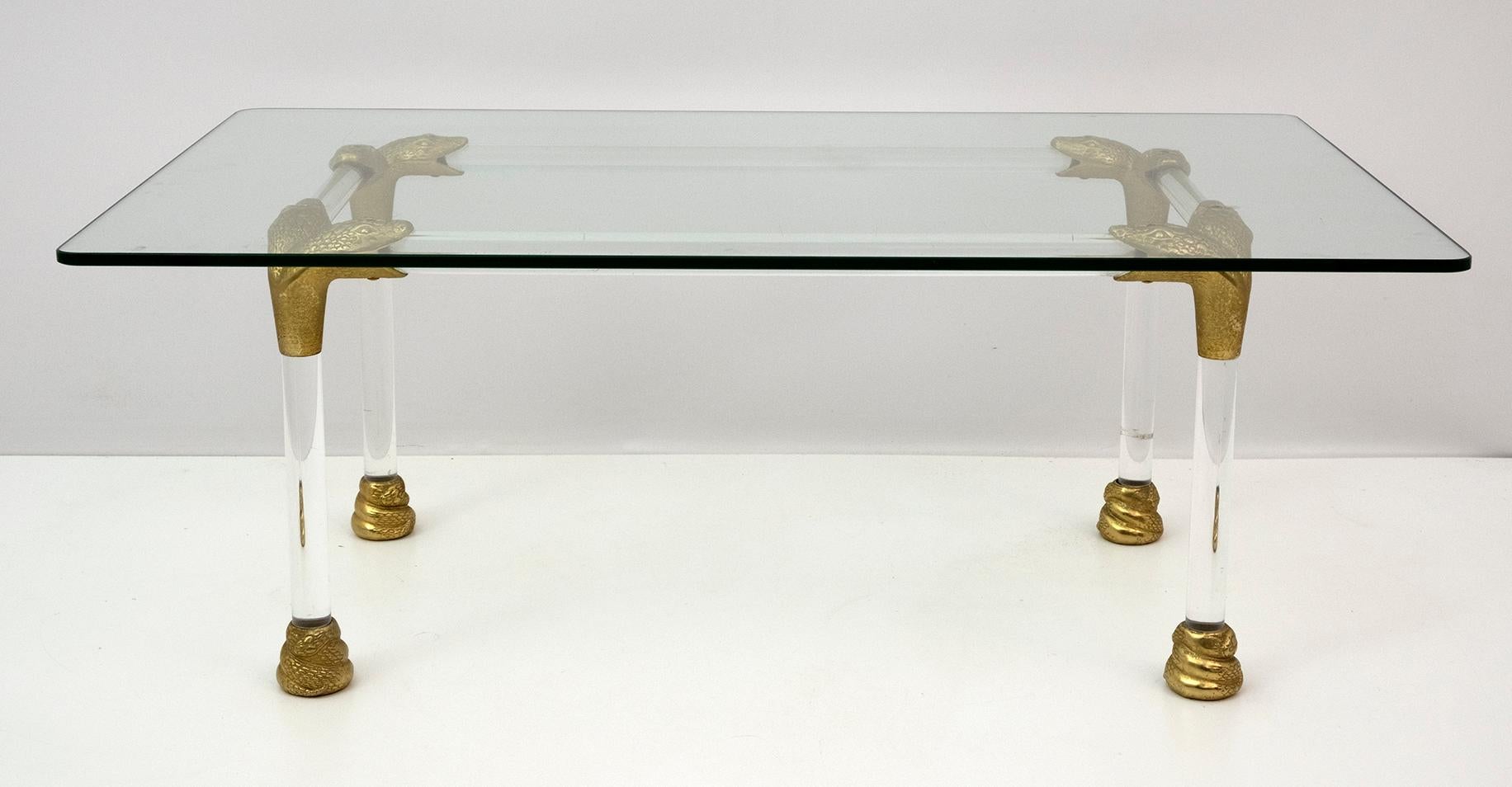 Mid-Century Modern Mid-Century Lucite and Brass Italian Coffee Table with Snake Head Details, 1970s For Sale