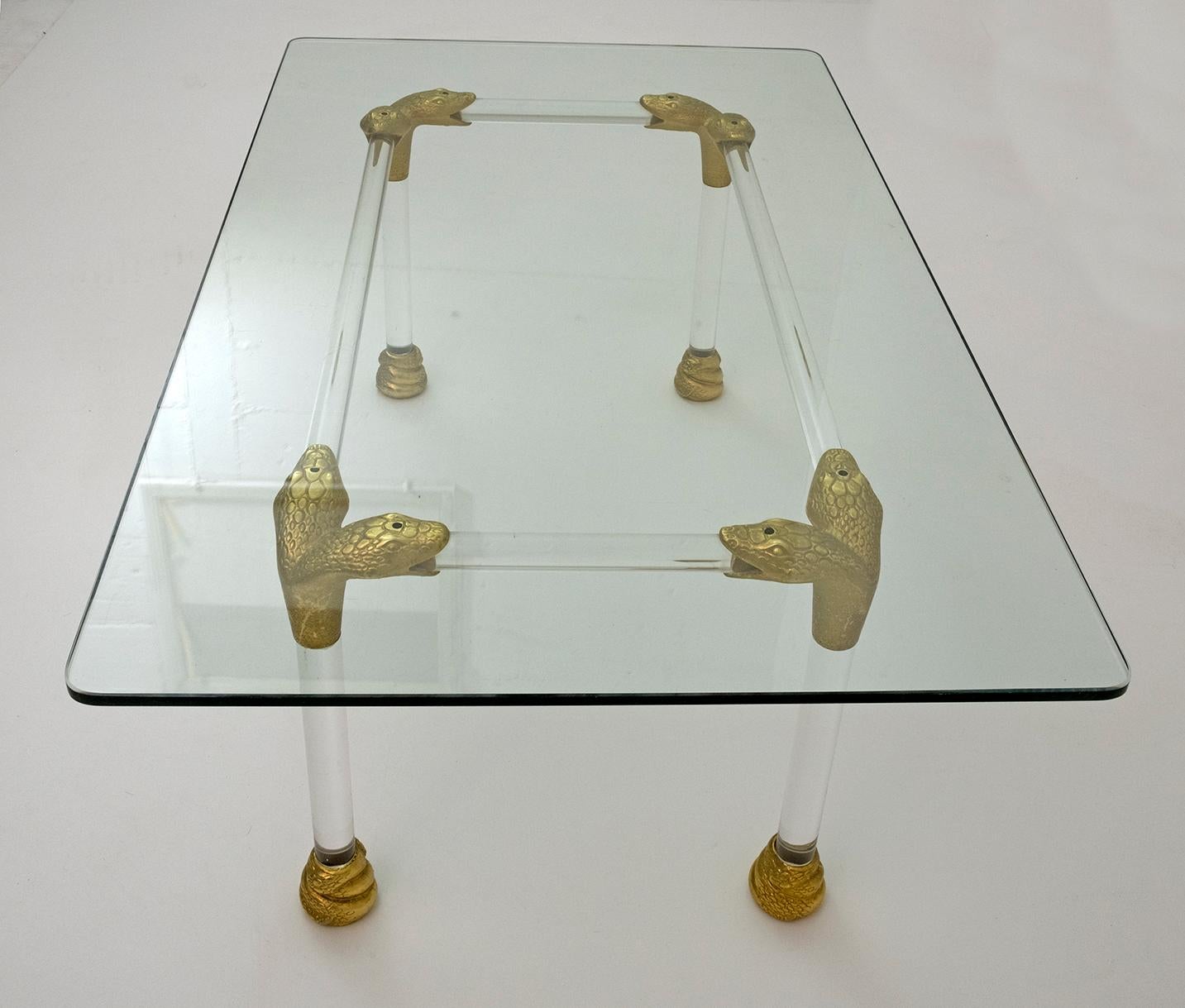 Late 20th Century Mid-Century Lucite and Brass Italian Coffee Table with Snake Head Details, 1970s For Sale