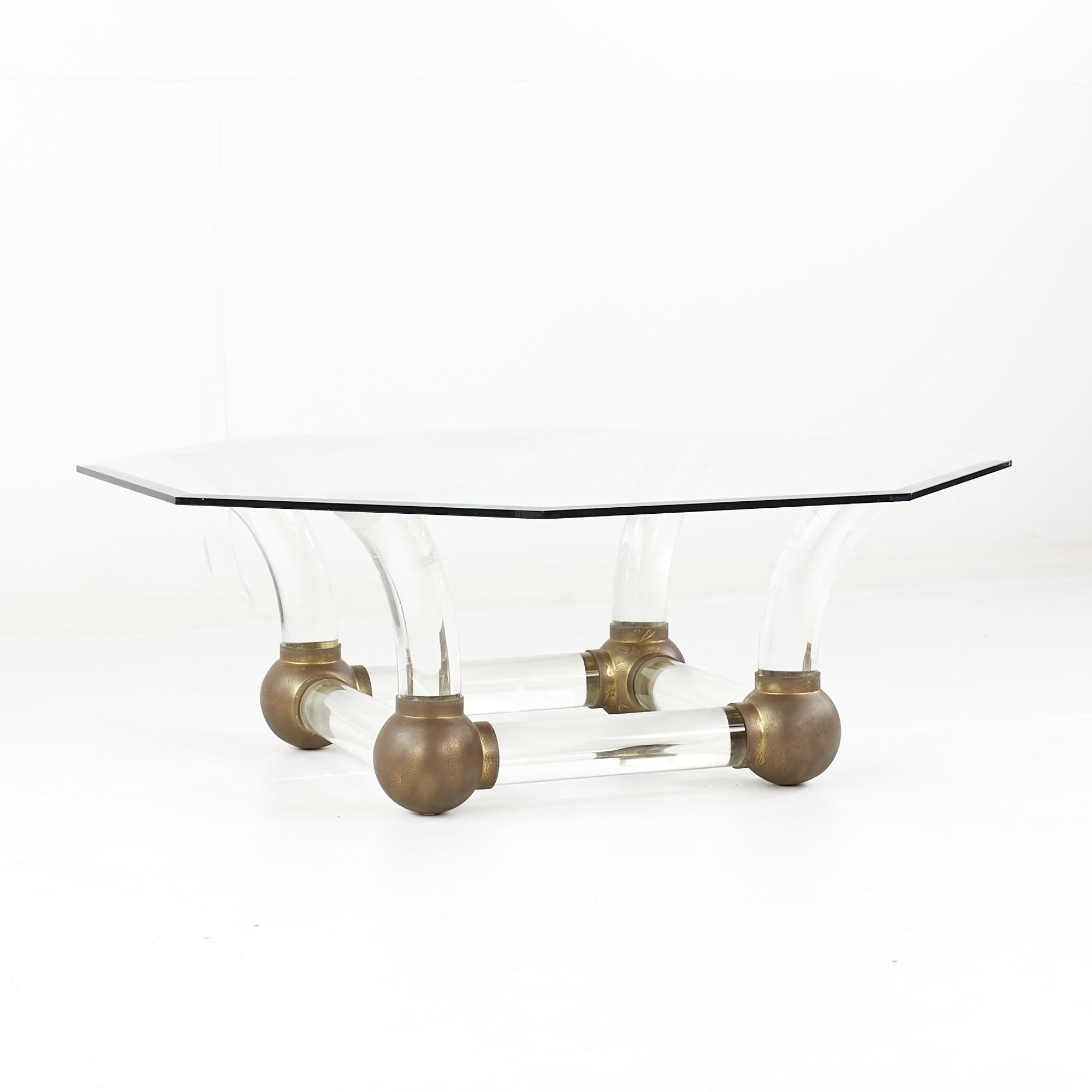 American Mid Century Lucite and Brass Tusk Coffee Table For Sale