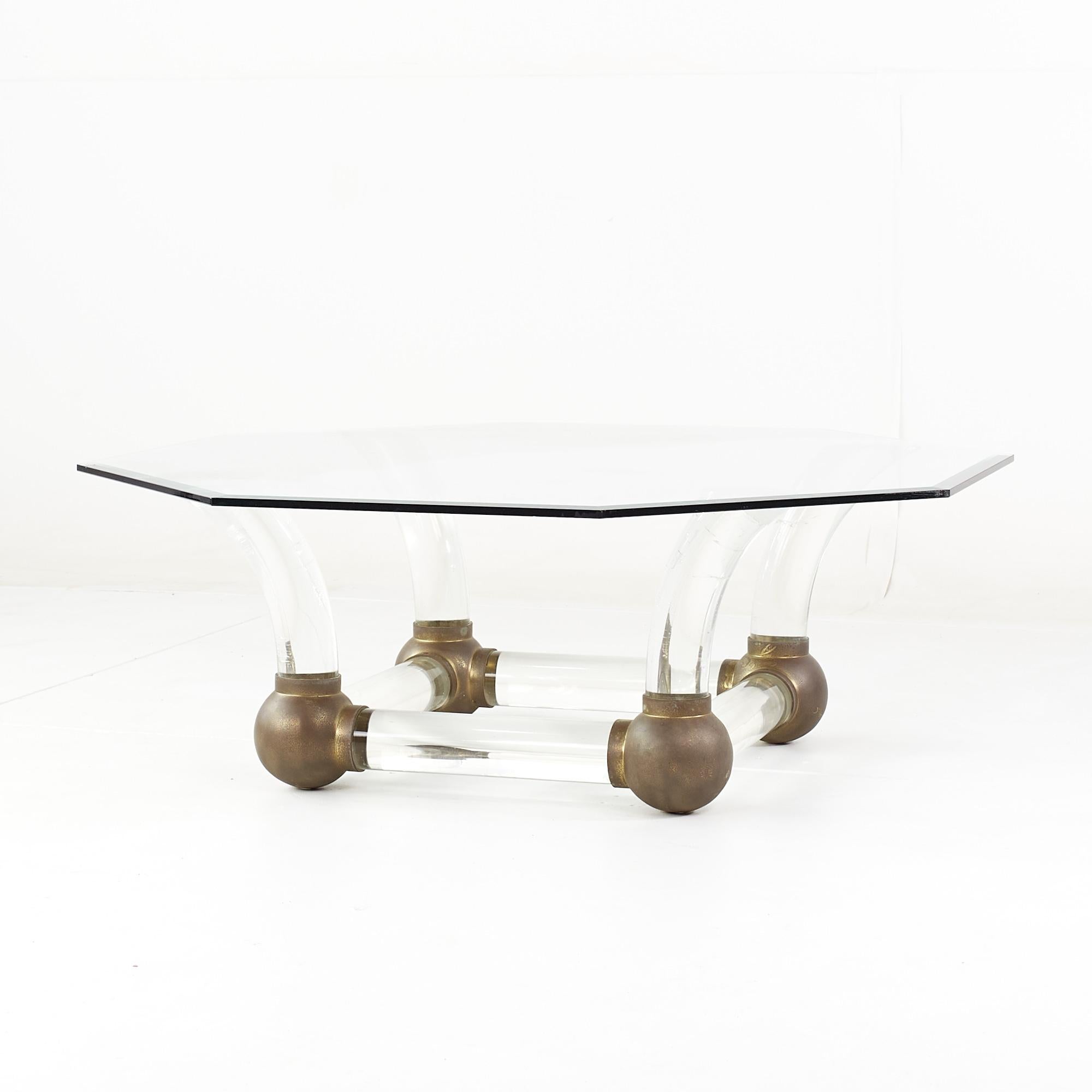 Late 20th Century Mid Century Lucite and Brass Tusk Coffee Table For Sale