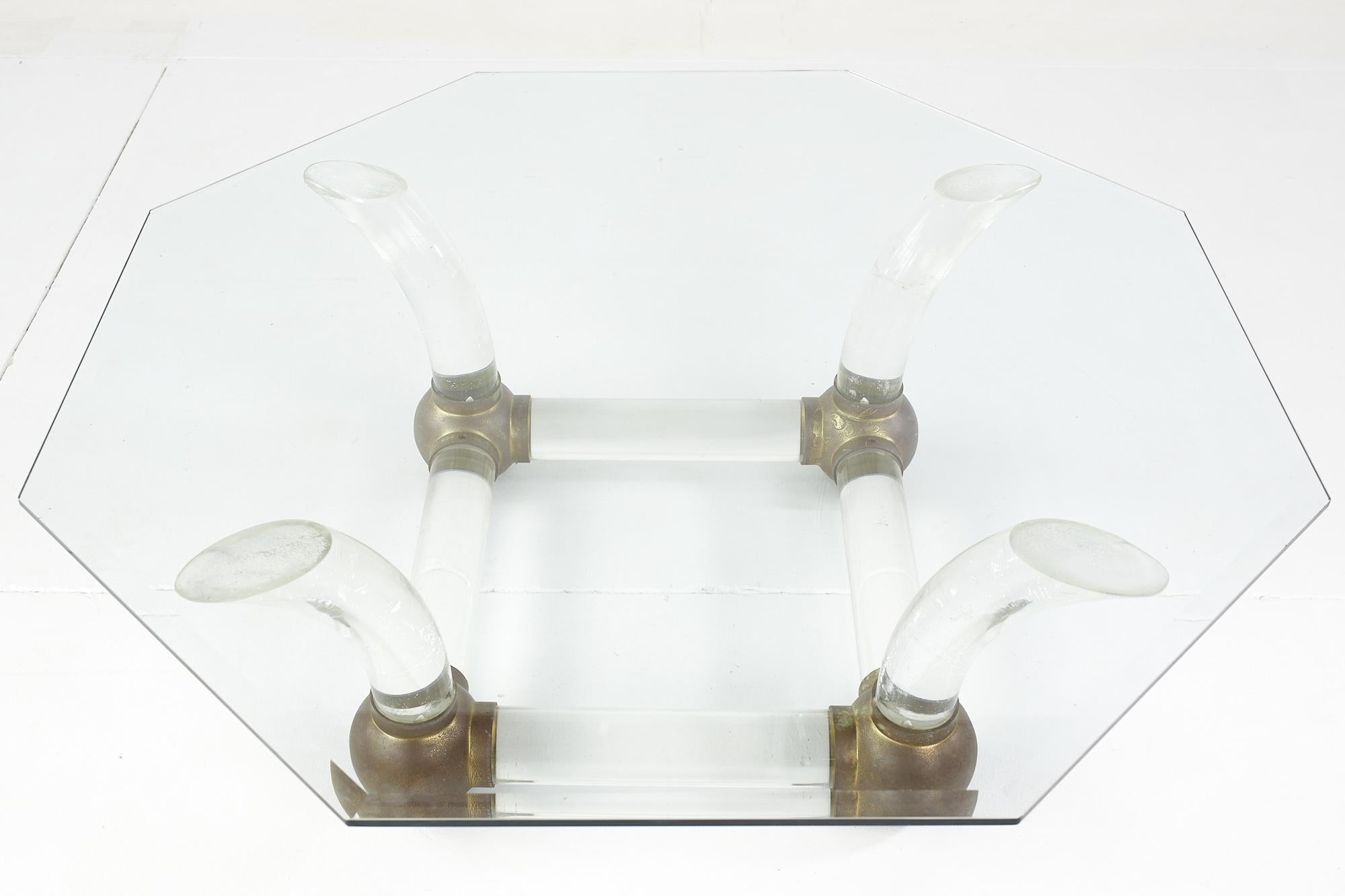 Mid Century Lucite and Brass Tusk Coffee Table For Sale 1