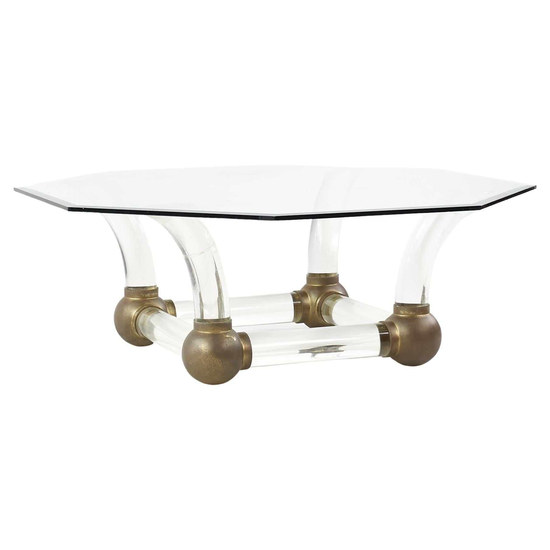 Mid Century Lucite and Brass Tusk Coffee Table For Sale
