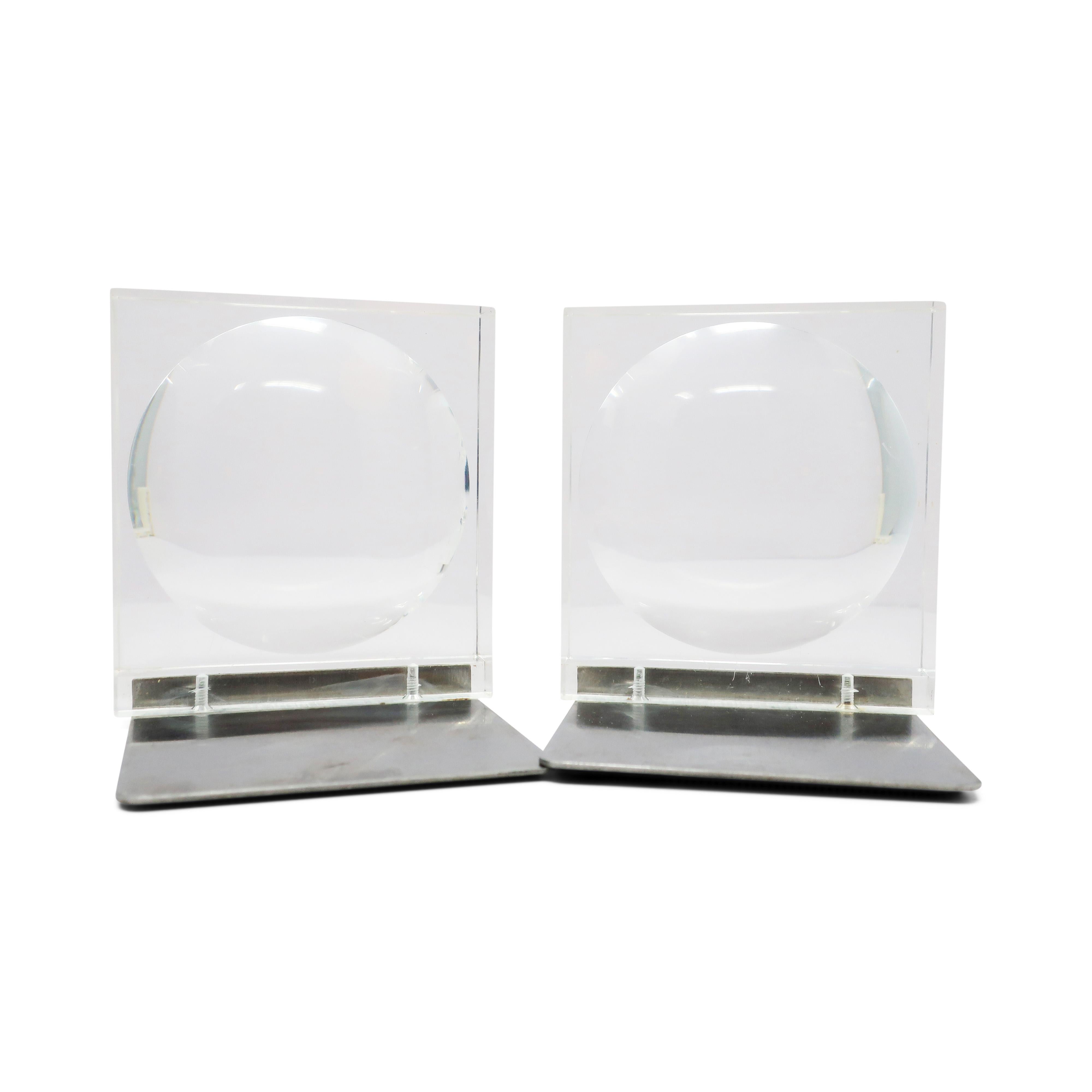 Mid-Century Lucite and Metal Lens Bookends 1