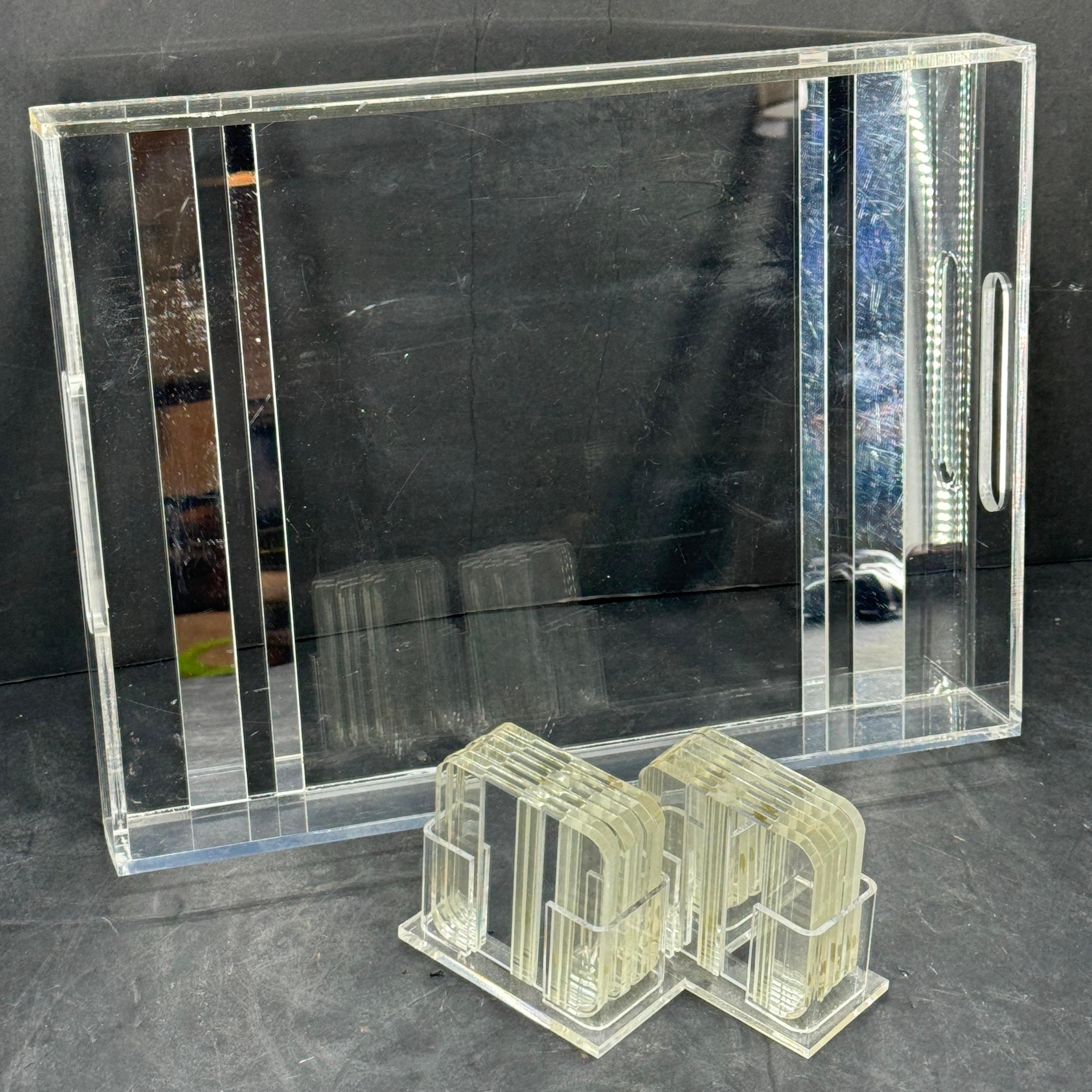 20ième siècle Plateau en Lucite et miroir, 8 sous-verres, Italie en vente