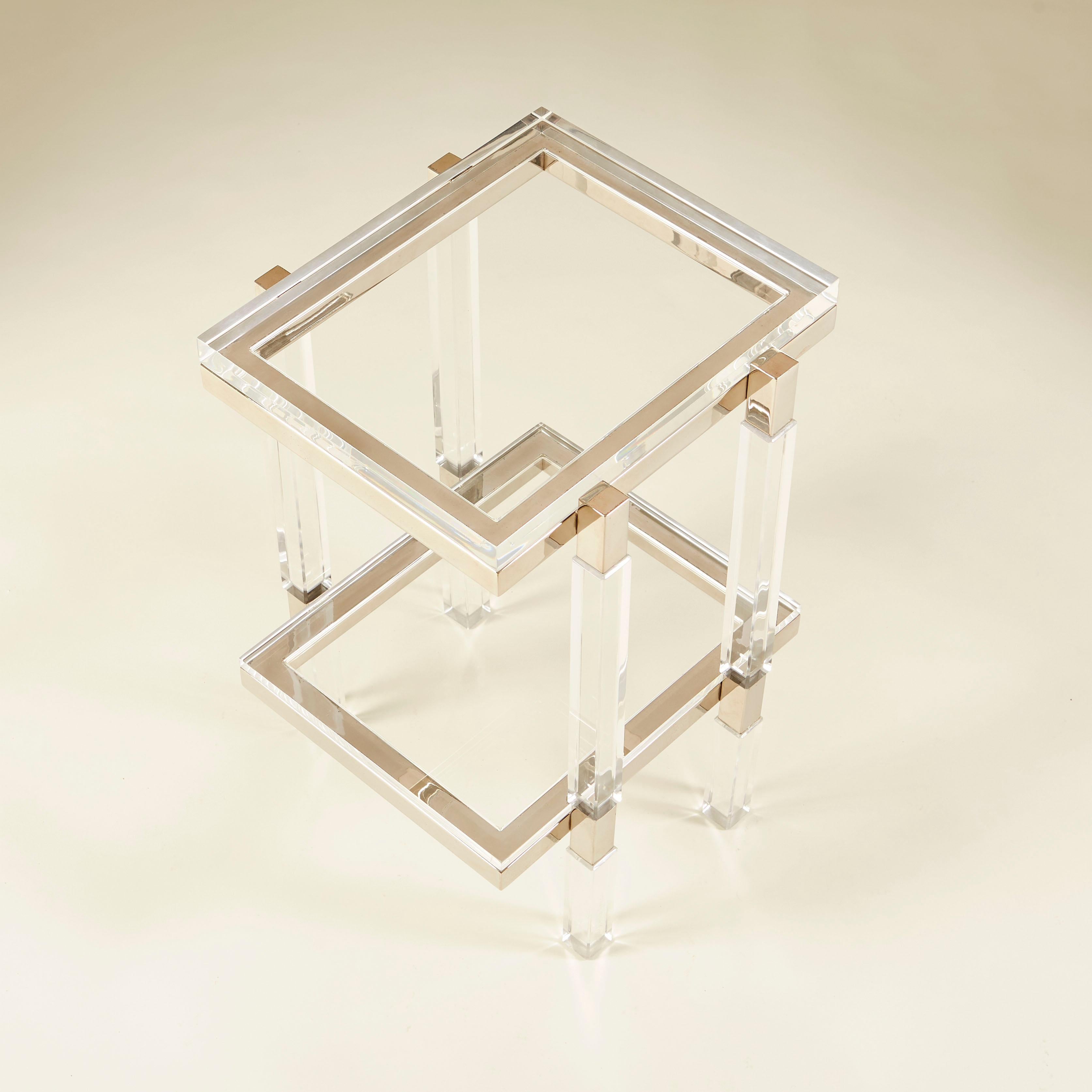 Nickel Mid-Century Lucite and polished nickel side tables by Charles Hollis Jones For Sale